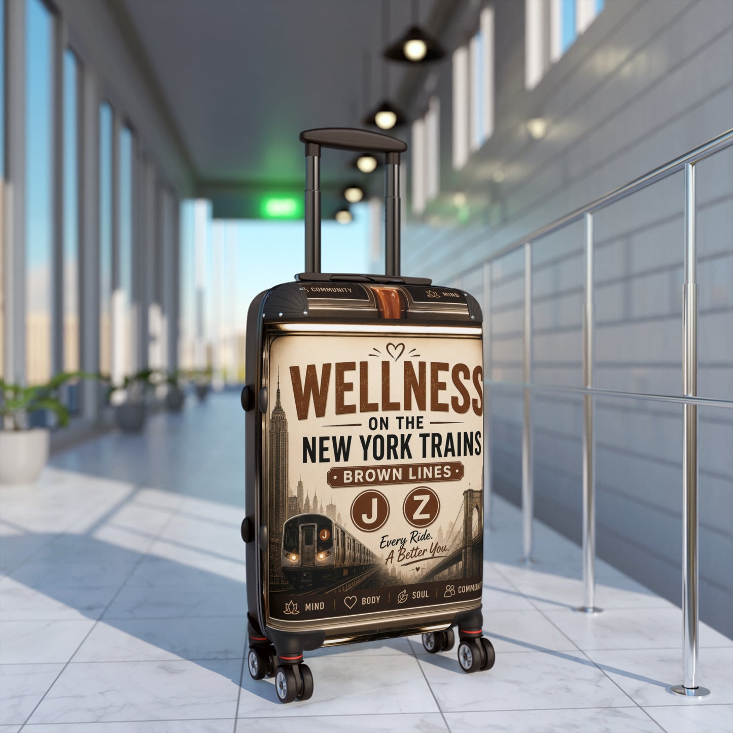 Wellness on the New York Trains Carry-On Suitcase — J/Z Brown Lines Vintage Subway Design