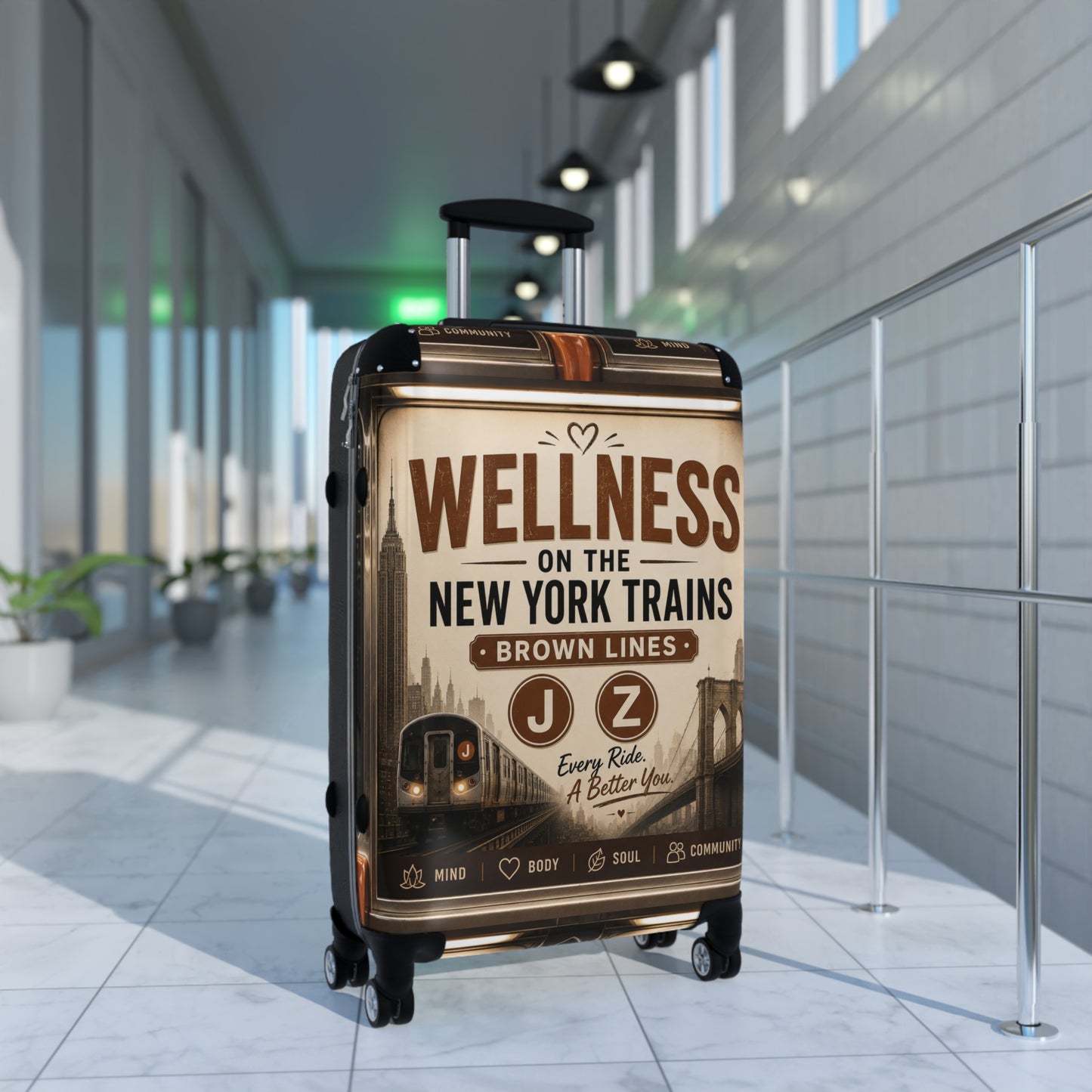 Wellness on the New York Trains Carry-On Suitcase — J/Z Brown Lines Vintage Subway Design