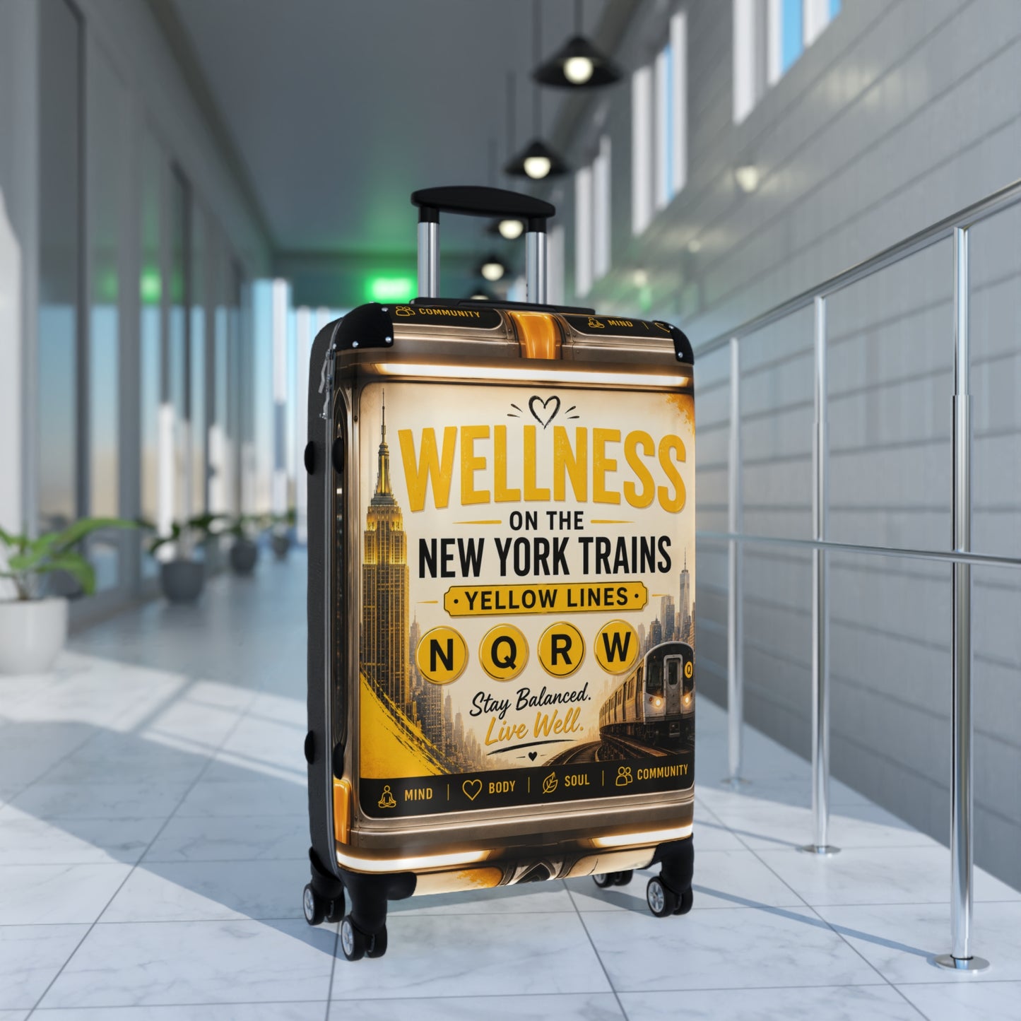 Wellness on the New York Trains Carry-On Suitcase — Yellow Lines NQRW Travel Luggage