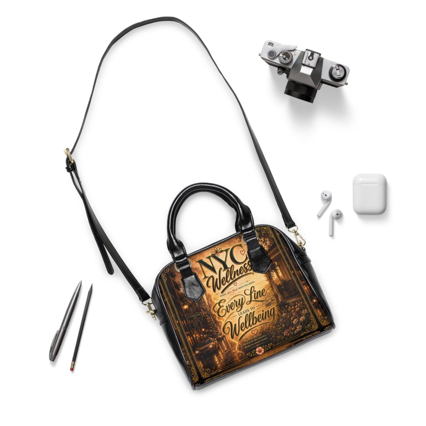 NYC Wellness Shoulder Handbag – Vintage Cityscape 'Every Line Leads to Wellbeing' Tote