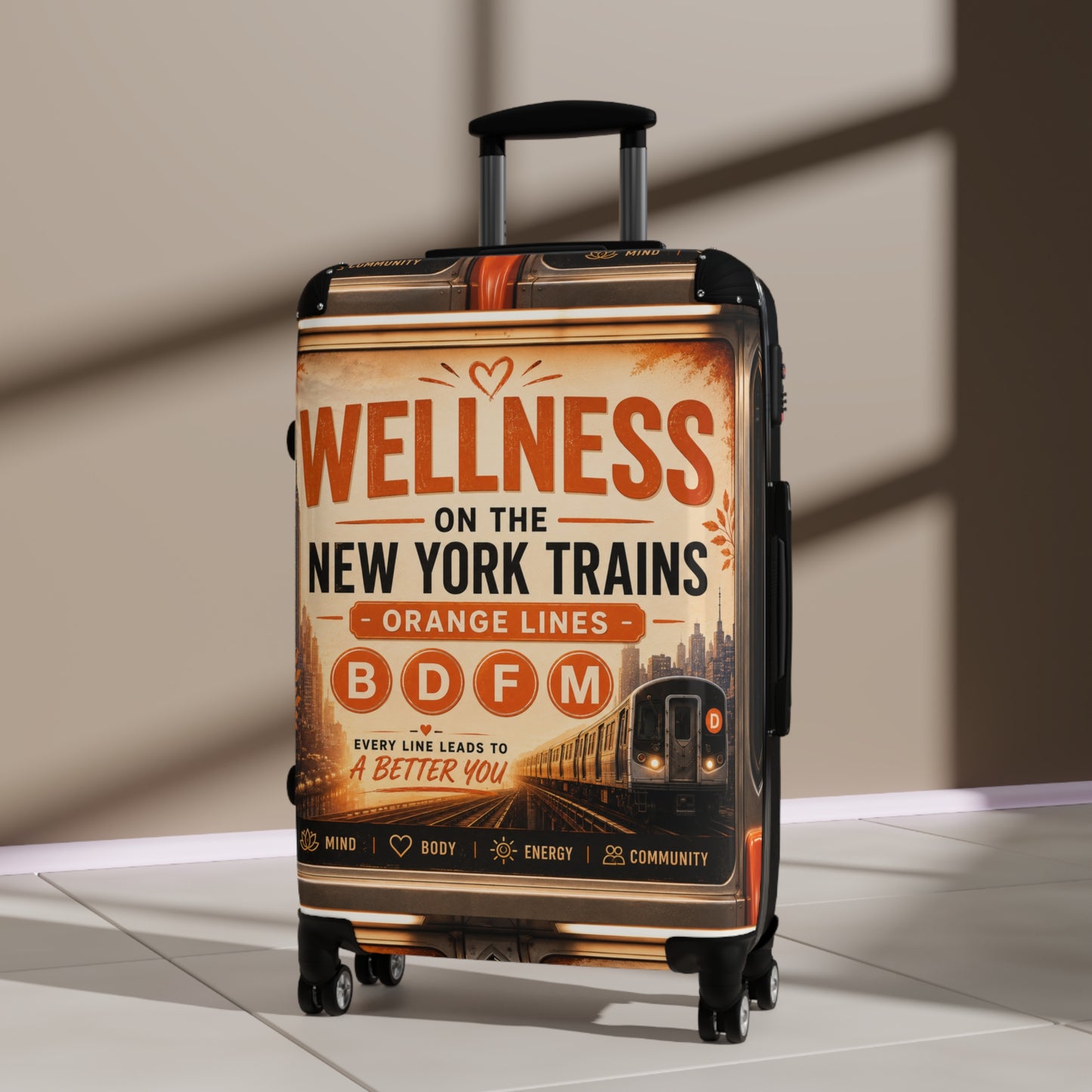 Wellness on the New York Trains Carry-On Suitcase — Vintage Subway Design (B D F M Orange Lines)