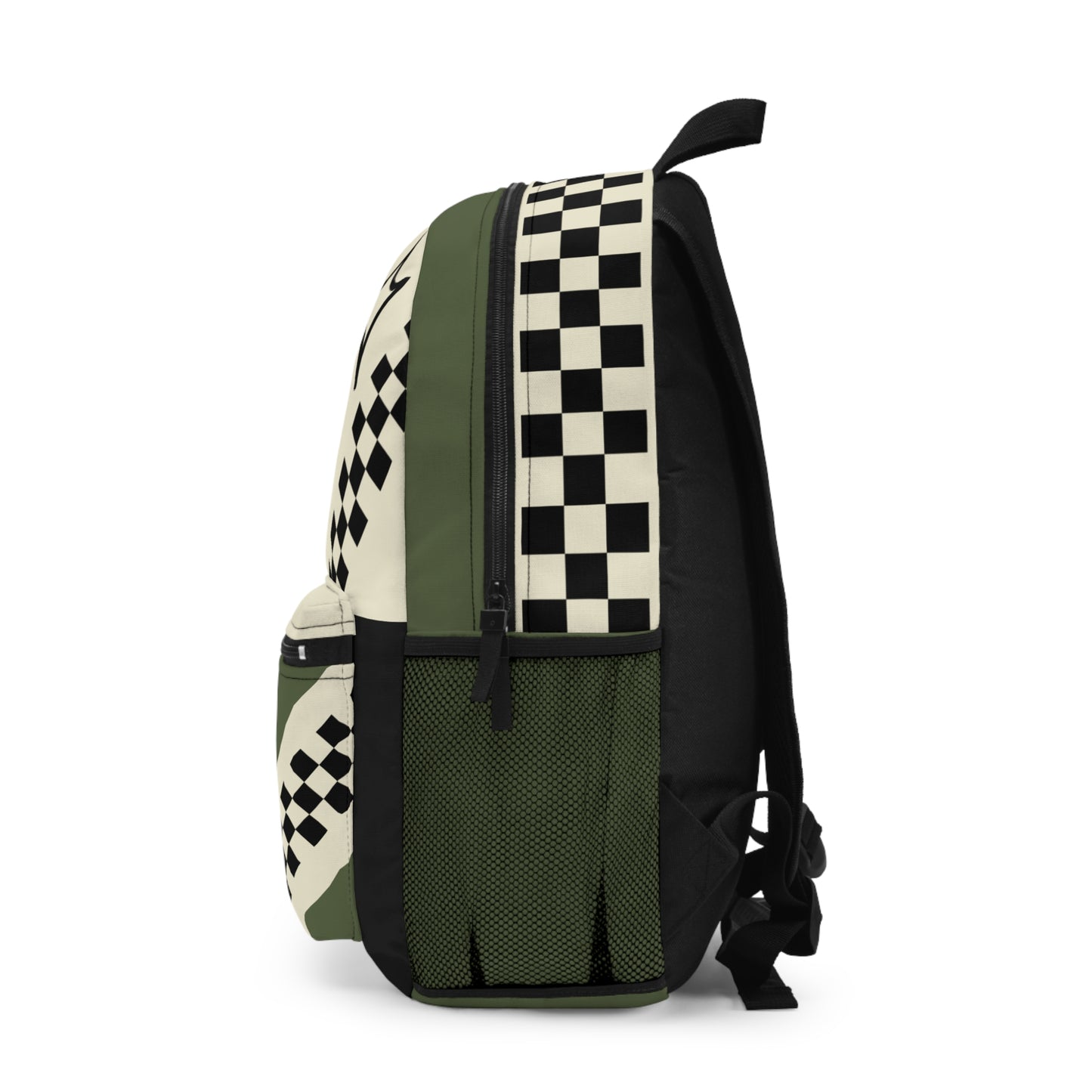 Racing Smile Backpack — Olive Checkerboard Flag Print