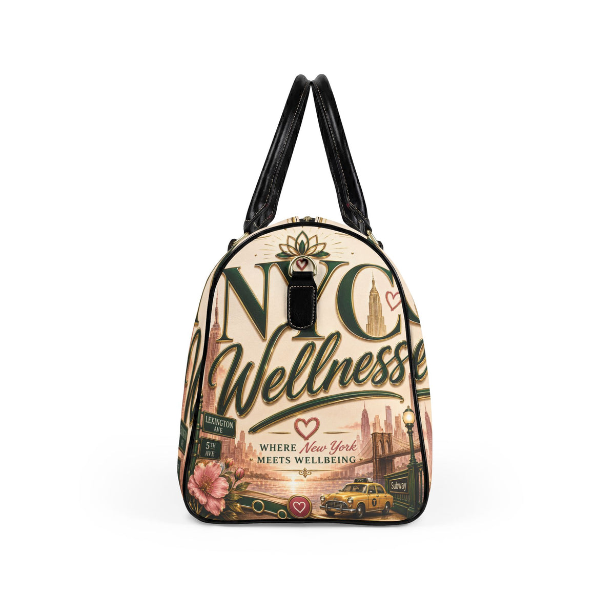Wellness NYC Faux Leather Travel Bag — 'NYC Wellness' Printed Weekender Duffel
