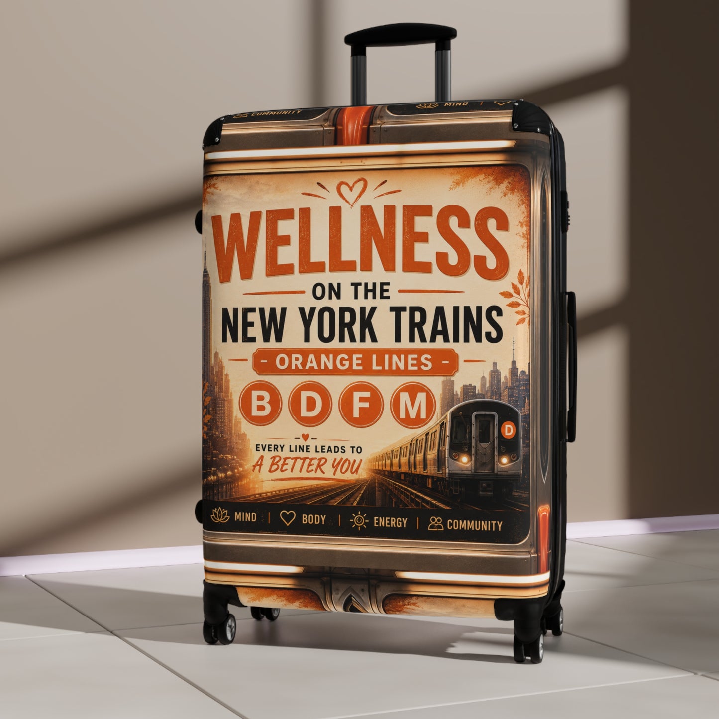 Wellness on the New York Trains Carry-On Suitcase — Vintage Subway Design (B D F M Orange Lines)