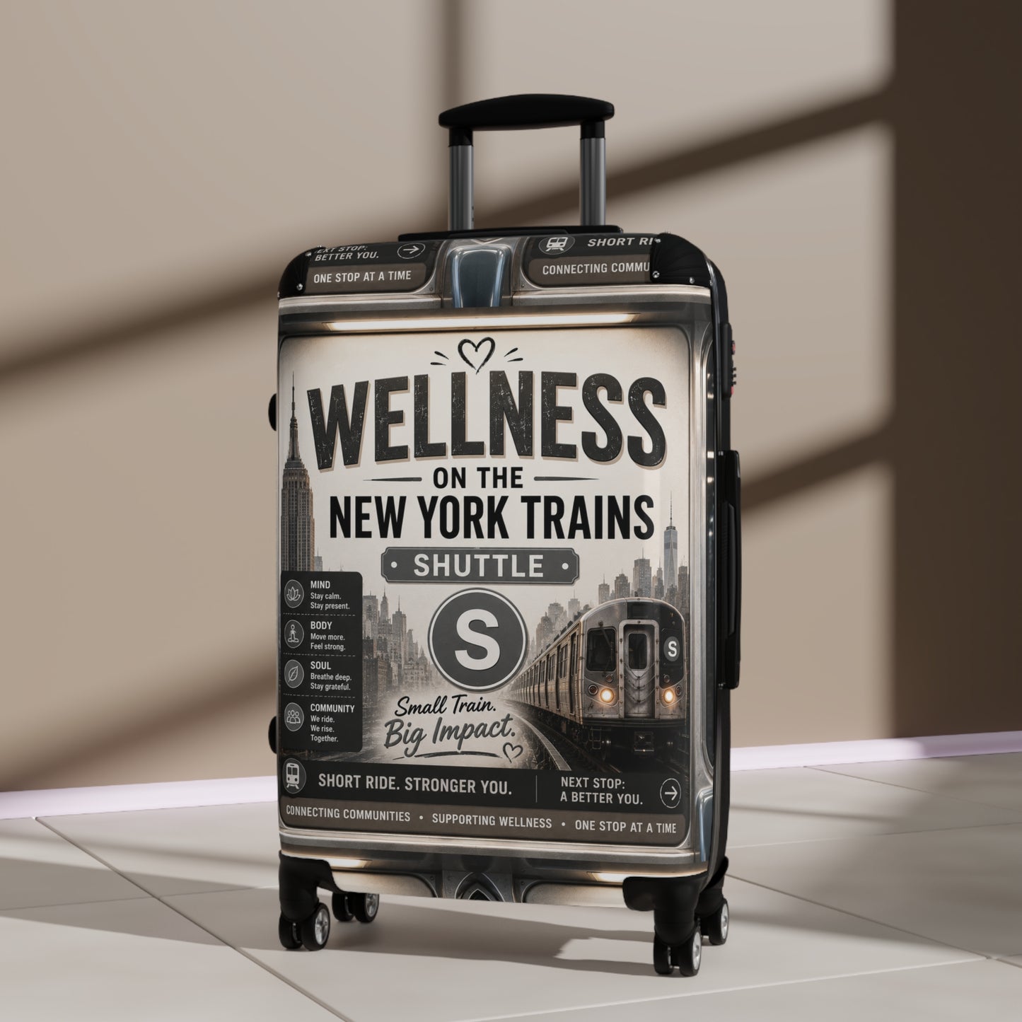 Wellness on the New York Trains Suitcase — Vintage Subway Poster Carry-On Shuttle Line