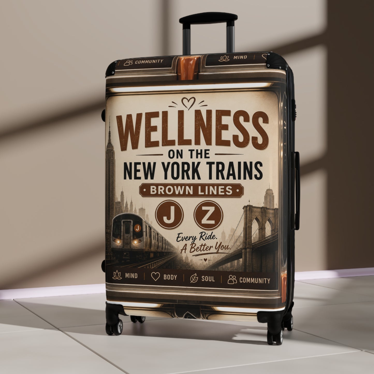Wellness on the New York Trains Carry-On Suitcase — J/Z Brown Lines Vintage Subway Design