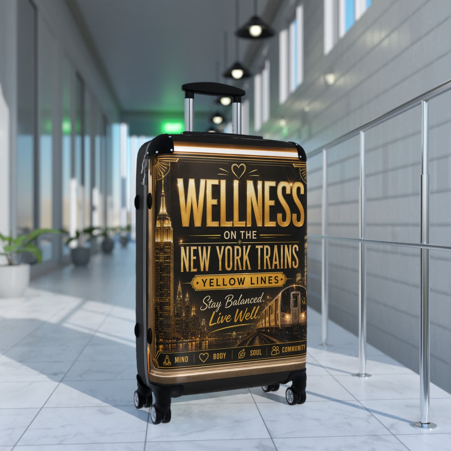 Wellness on the New York Trains Suitcase – Travel Carry-On with Motivational NYC Design Yellow Line