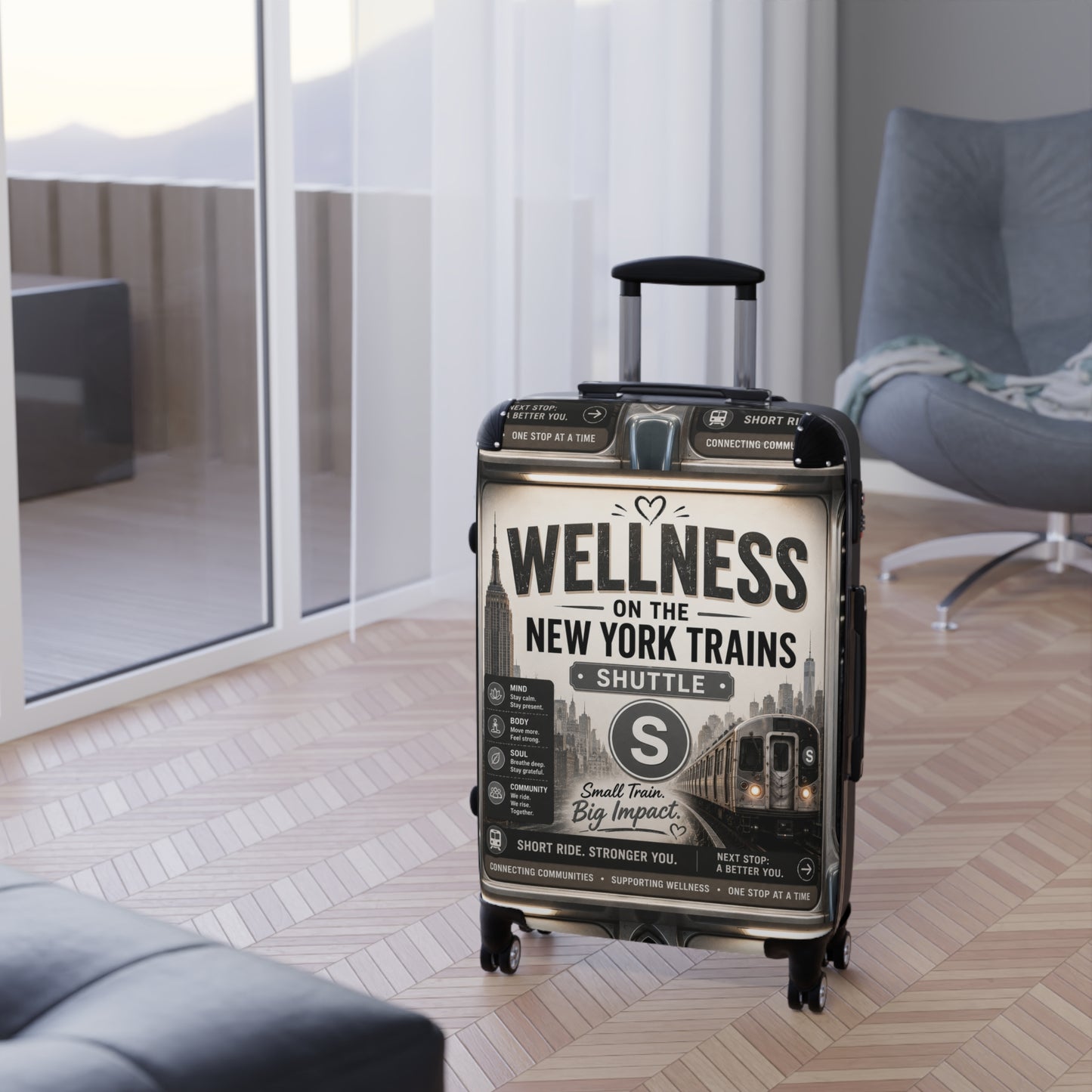 Wellness on the New York Trains Suitcase — Vintage Subway Poster Carry-On Shuttle Line