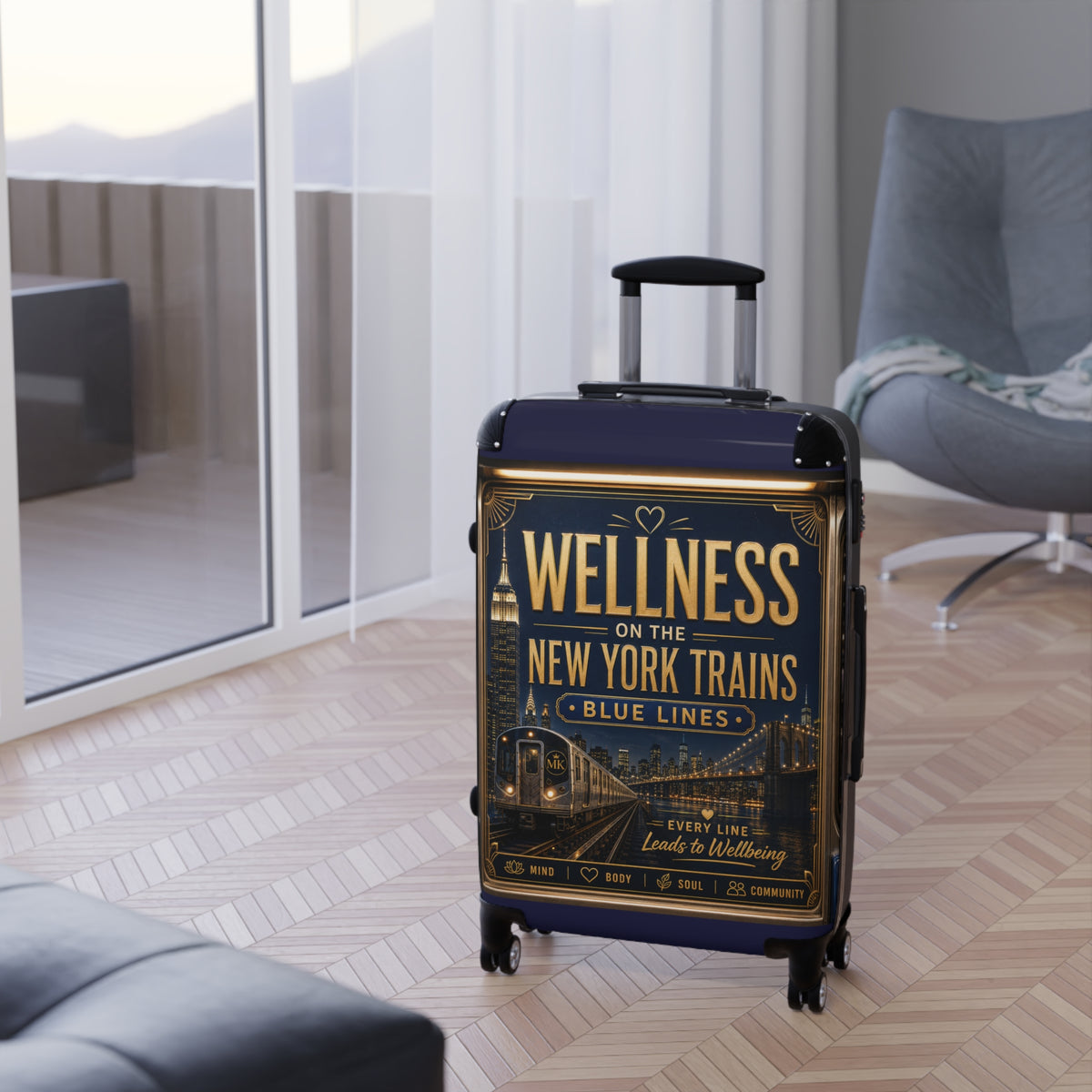 Wellness on the New York Trains Suitcase – Vintage NYC Blue Lines Carry-On
