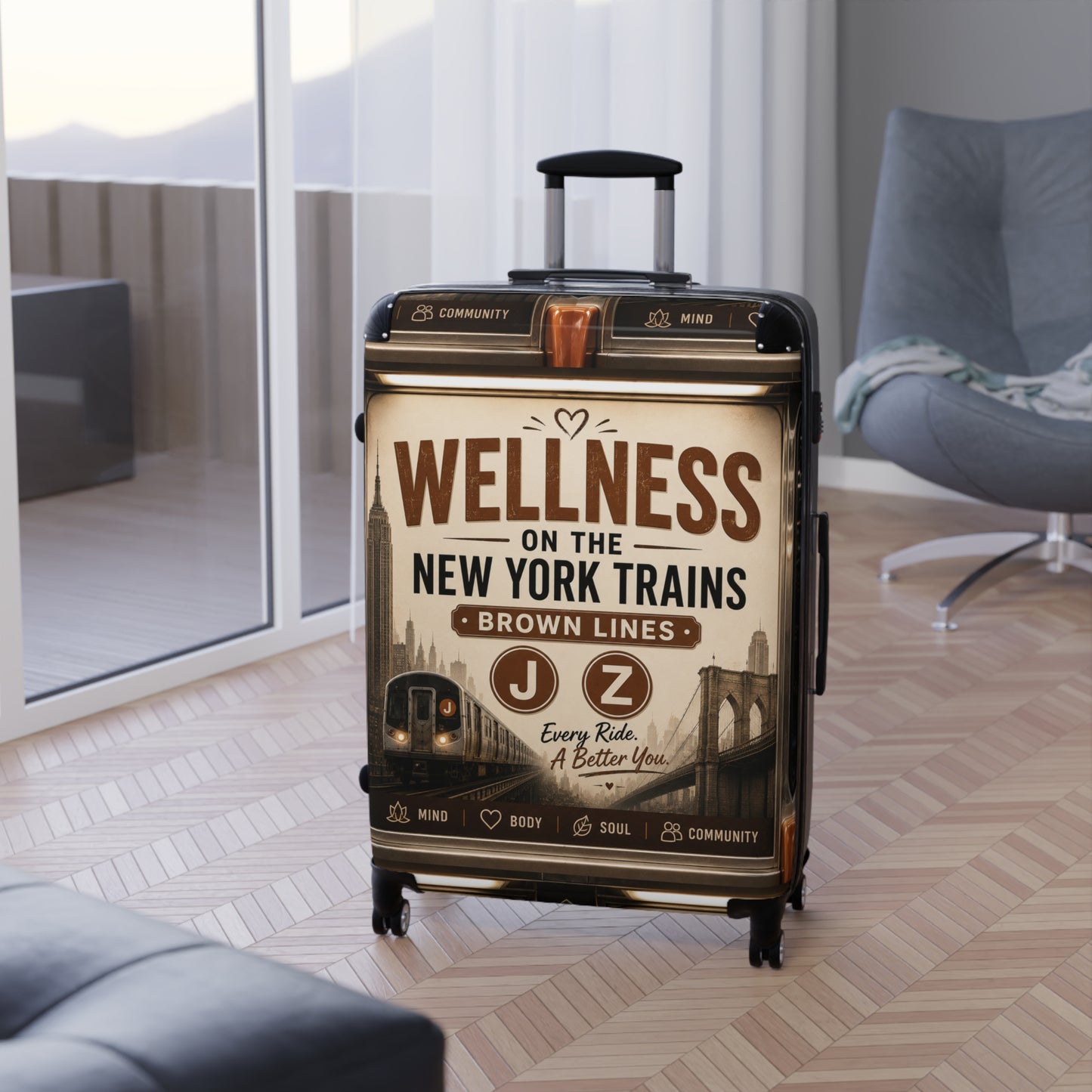 Wellness on the New York Trains Carry-On Suitcase — J/Z Brown Lines Vintage Subway Design