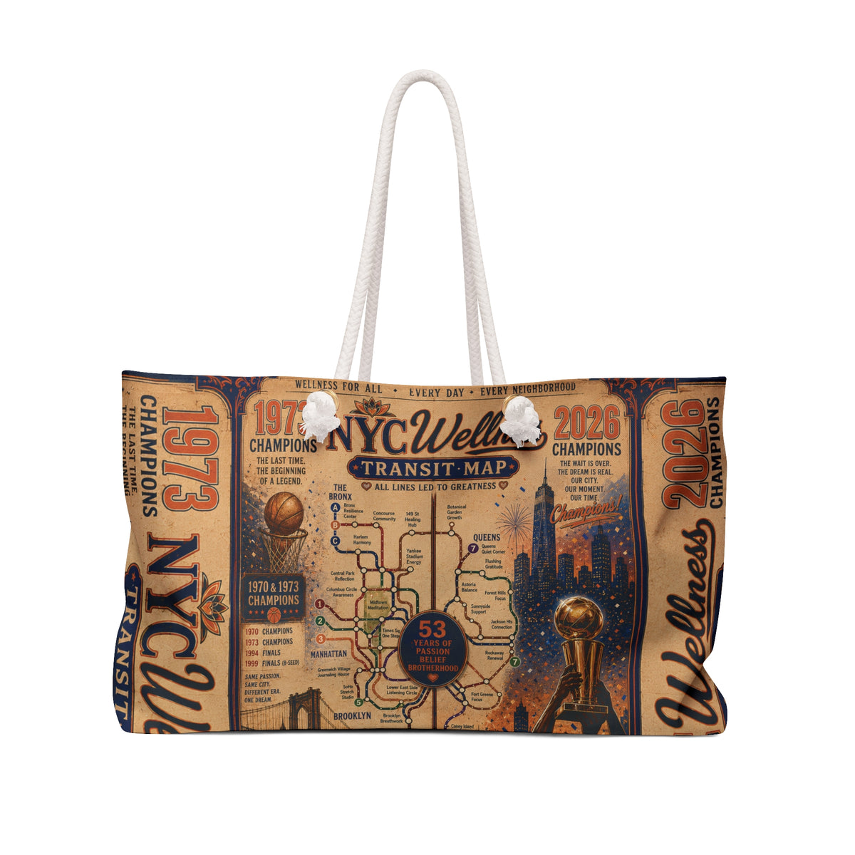 NYC Wellness Transit Map Weekender Bag — Vintage Subway Map Tote for Travel & Gym
