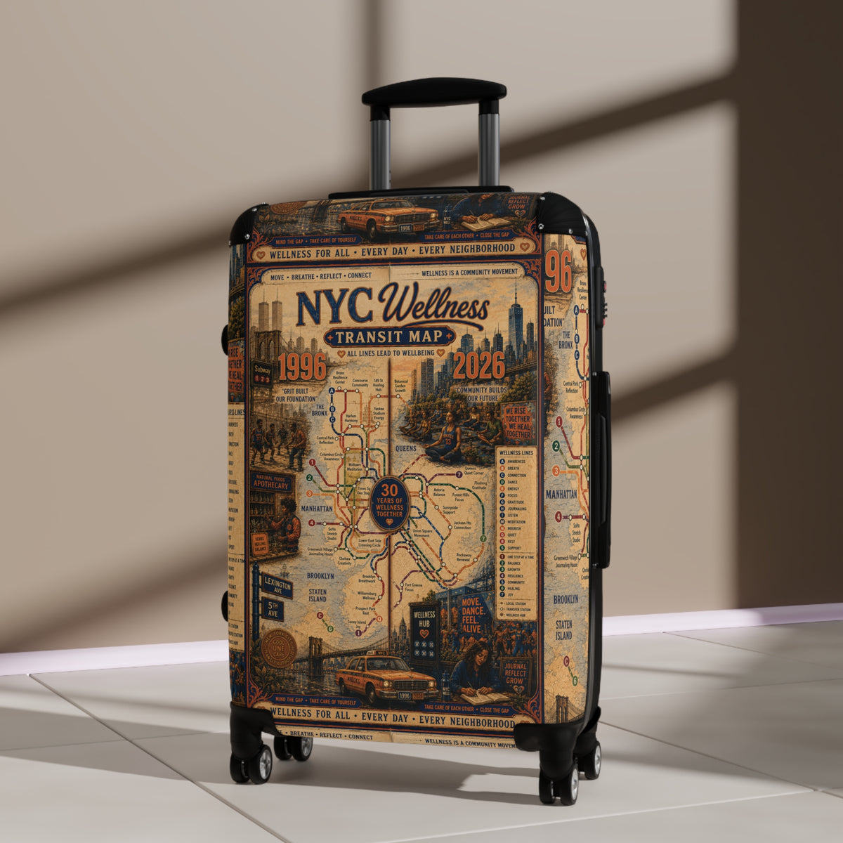 NYC Transit Map Carry-On Suitcase — Vintage Wellness Map Design