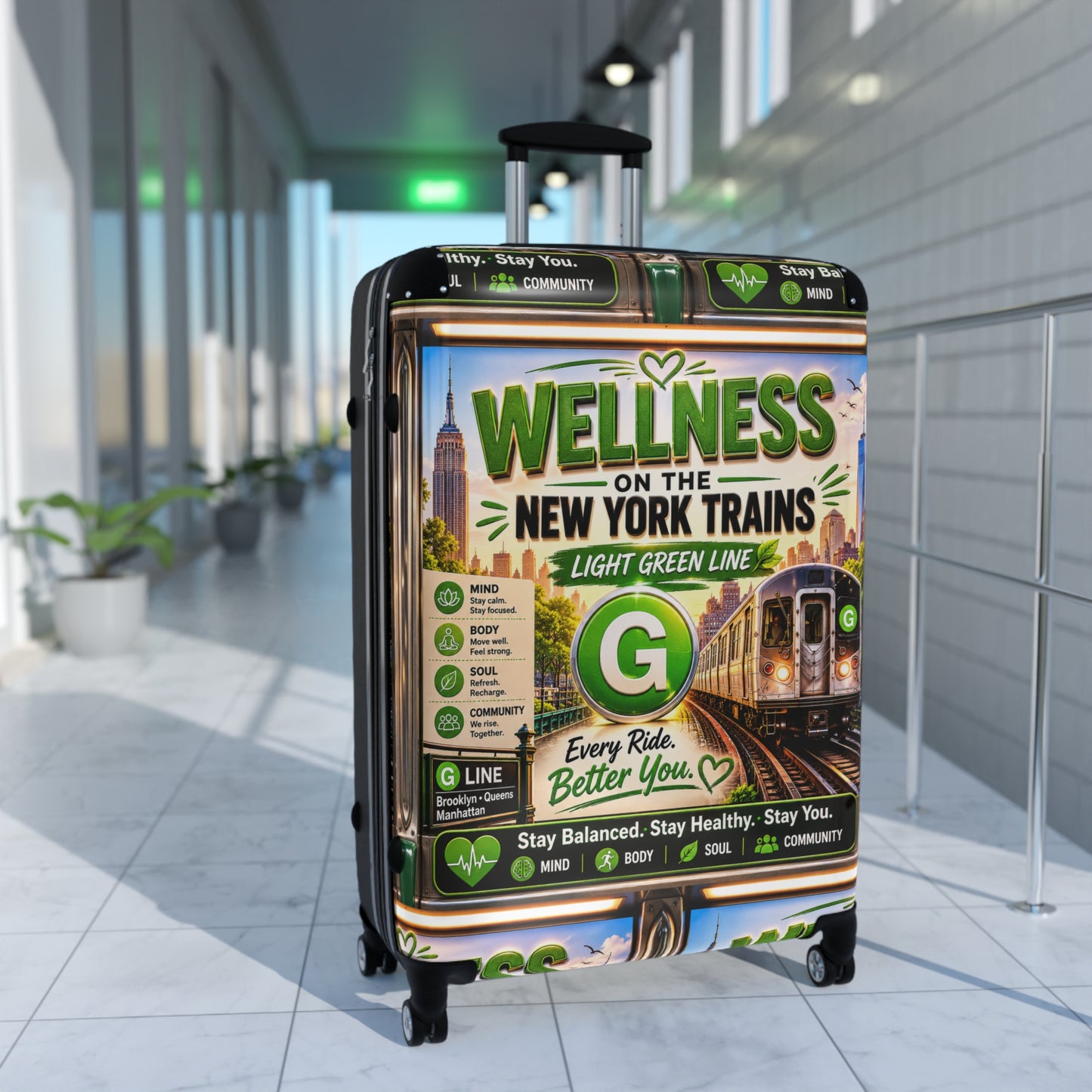 Wellness on the New York Trains Suitcase — Light Green Line Travel Carry-On