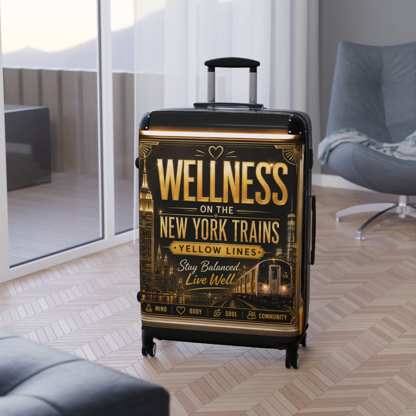 Wellness on the New York Trains Suitcase – Travel Carry-On with Motivational NYC Design Yellow Line