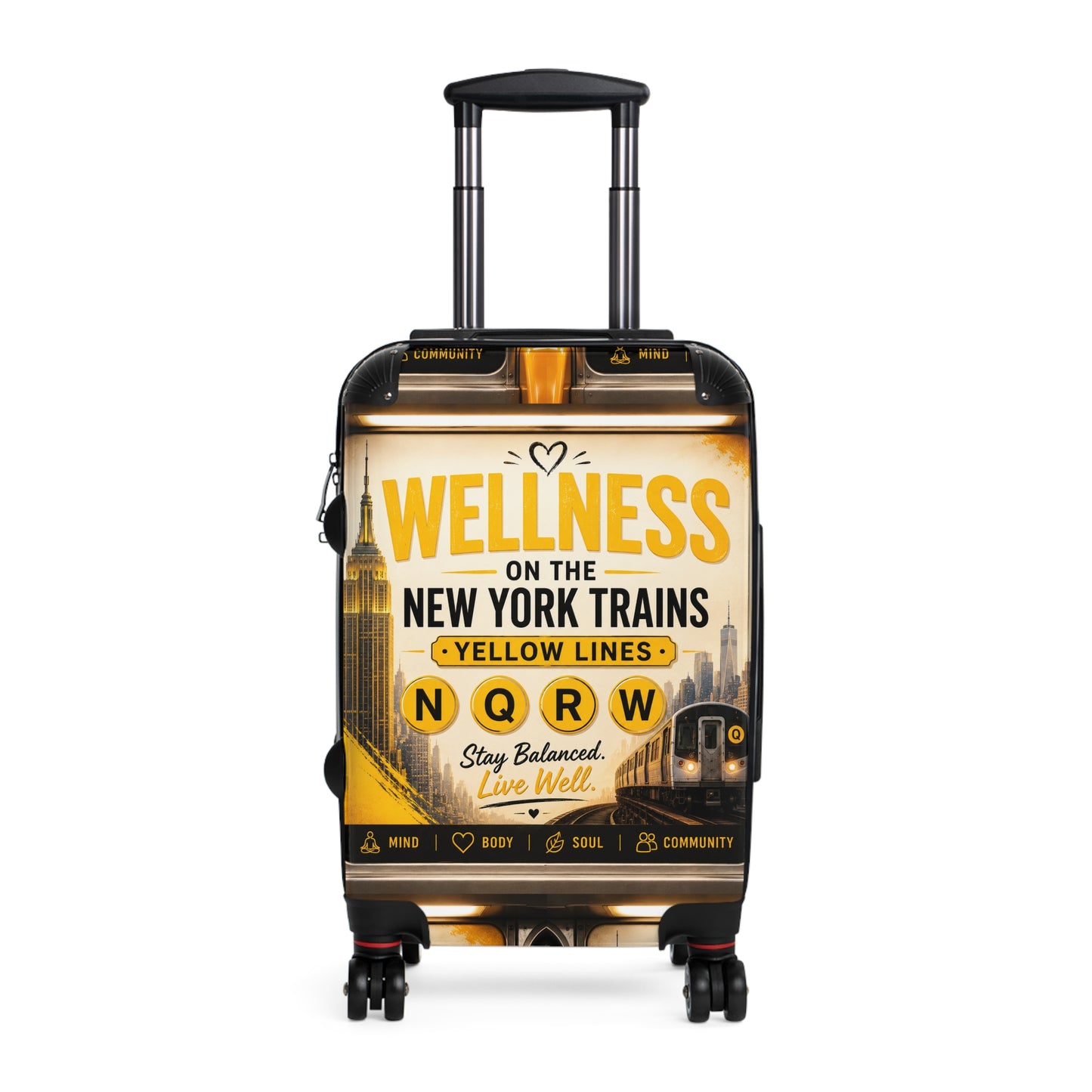 Wellness on the New York Trains Carry-On Suitcase — Yellow Lines NQRW Travel Luggage