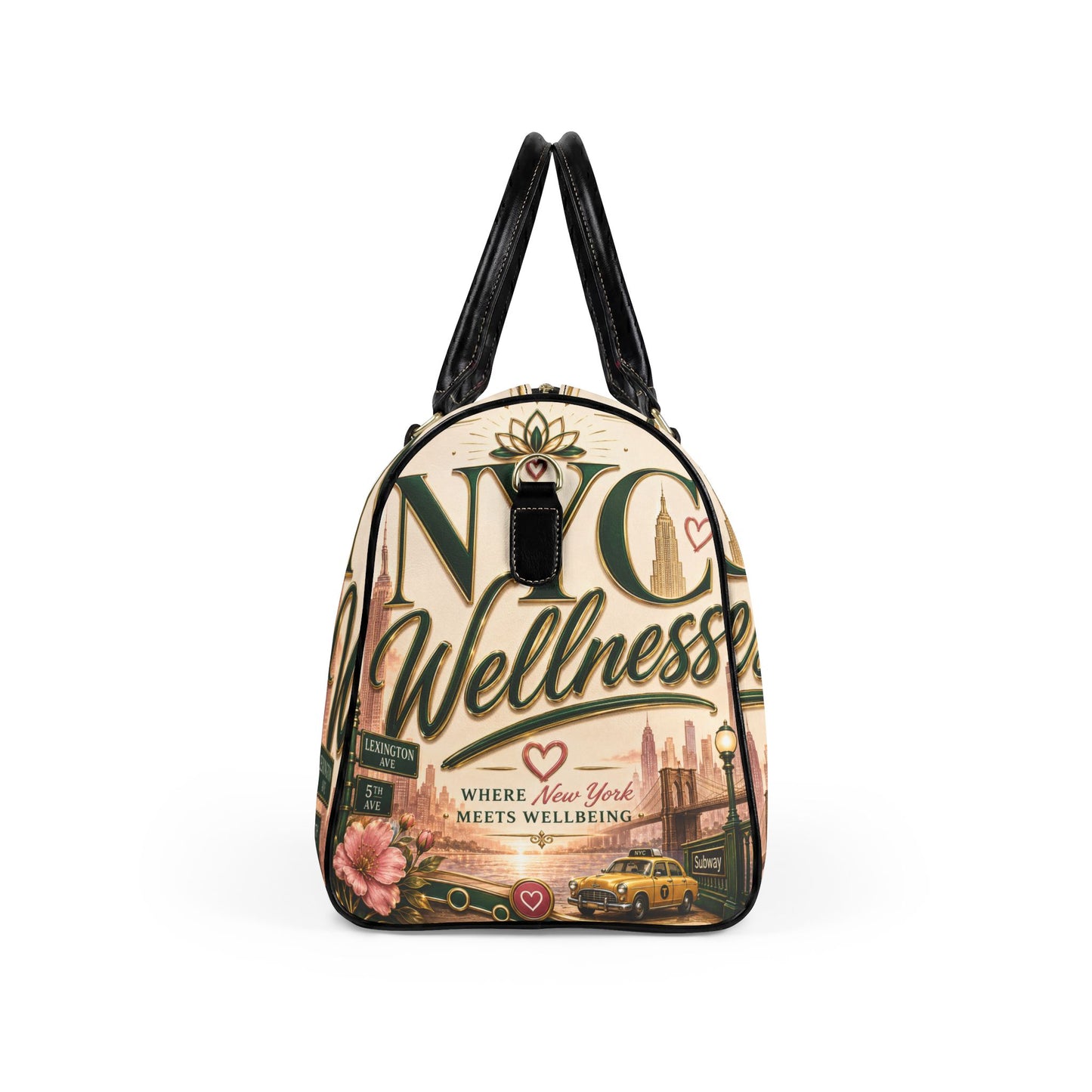 Wellness NYC Faux Leather Travel Bag — 'NYC Wellness' Printed Weekender Duffel