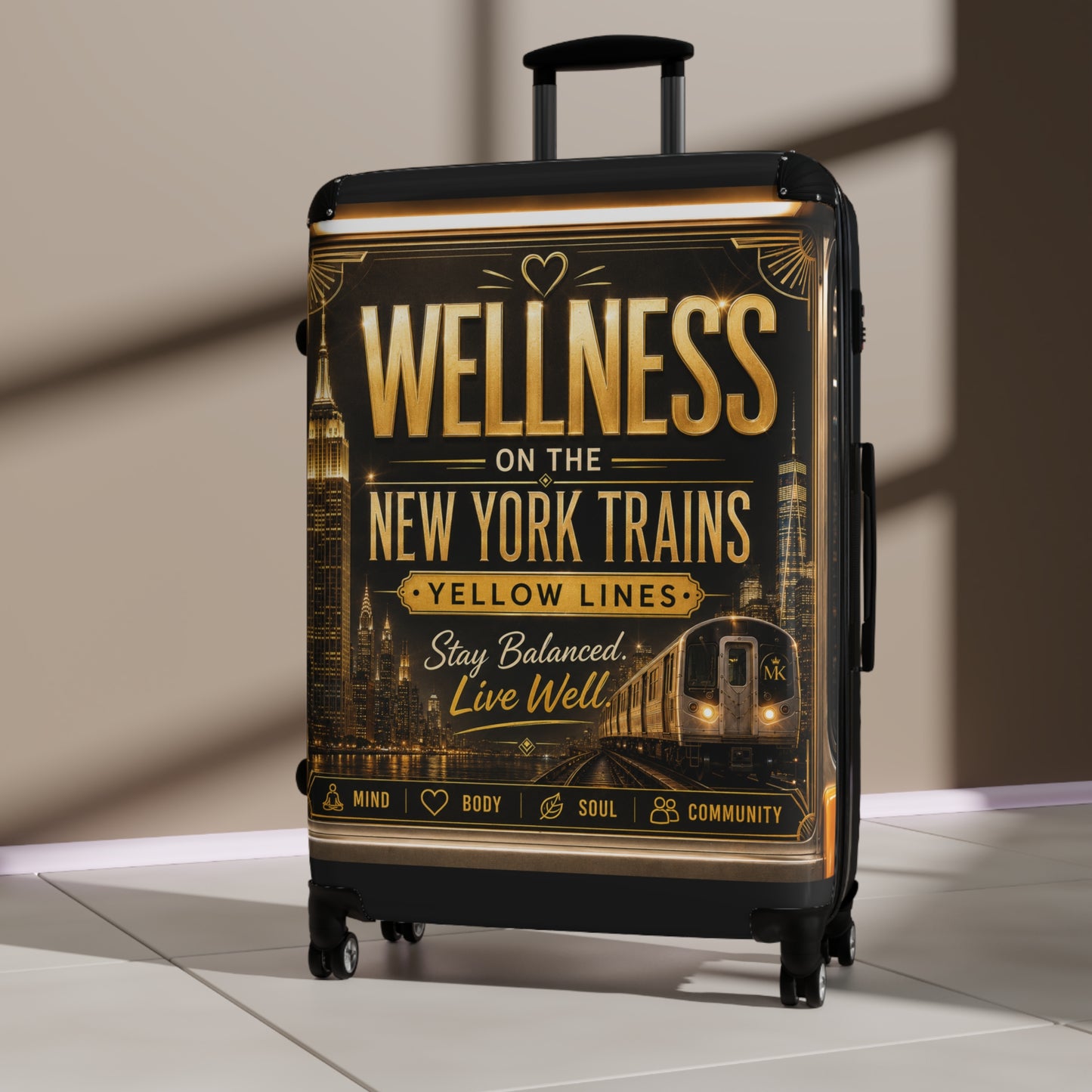 Wellness on the New York Trains Suitcase – Travel Carry-On with Motivational NYC Design Yellow Line
