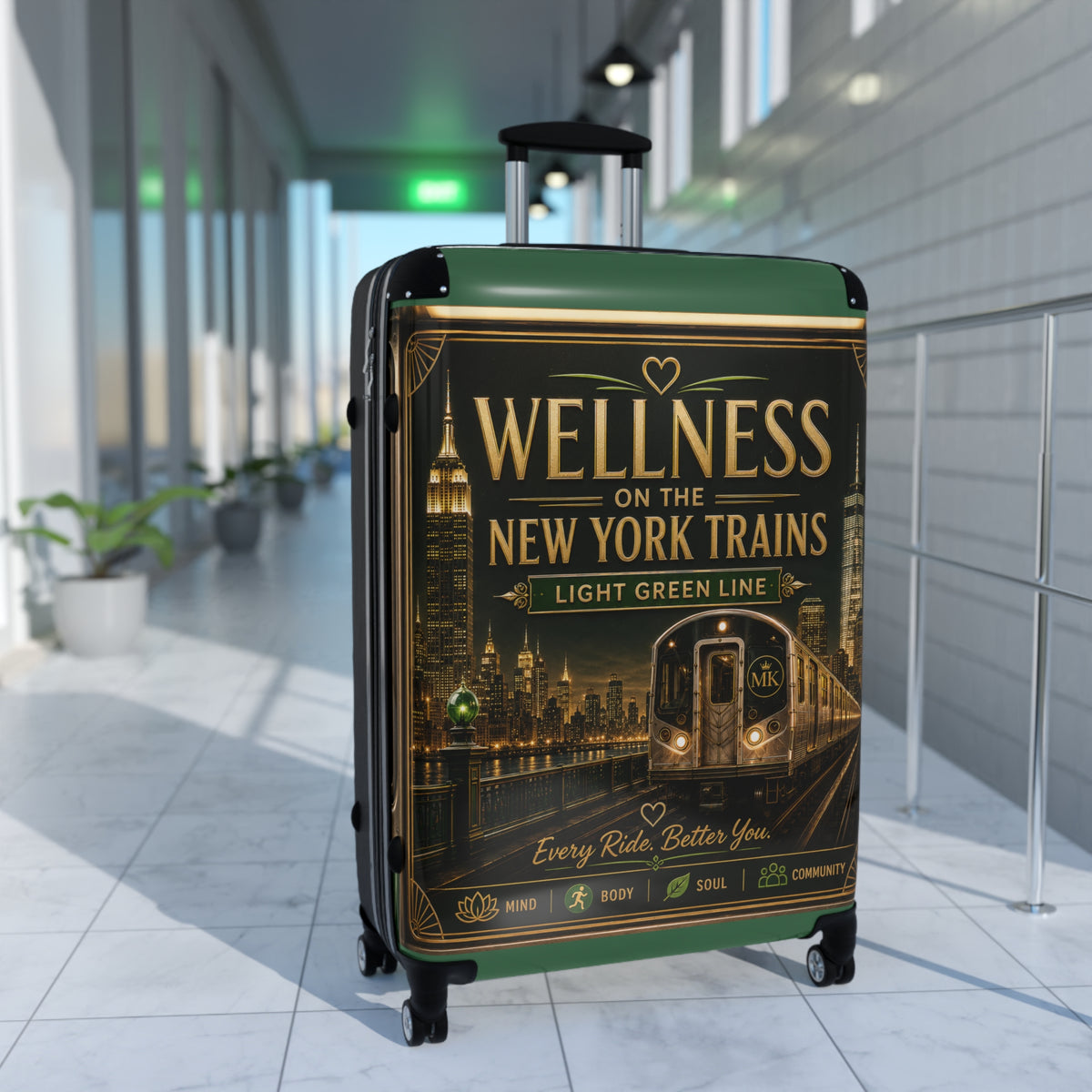 Wellness on the New York Trains Carry-On Suitcase — Light Green Line Travel Luggage