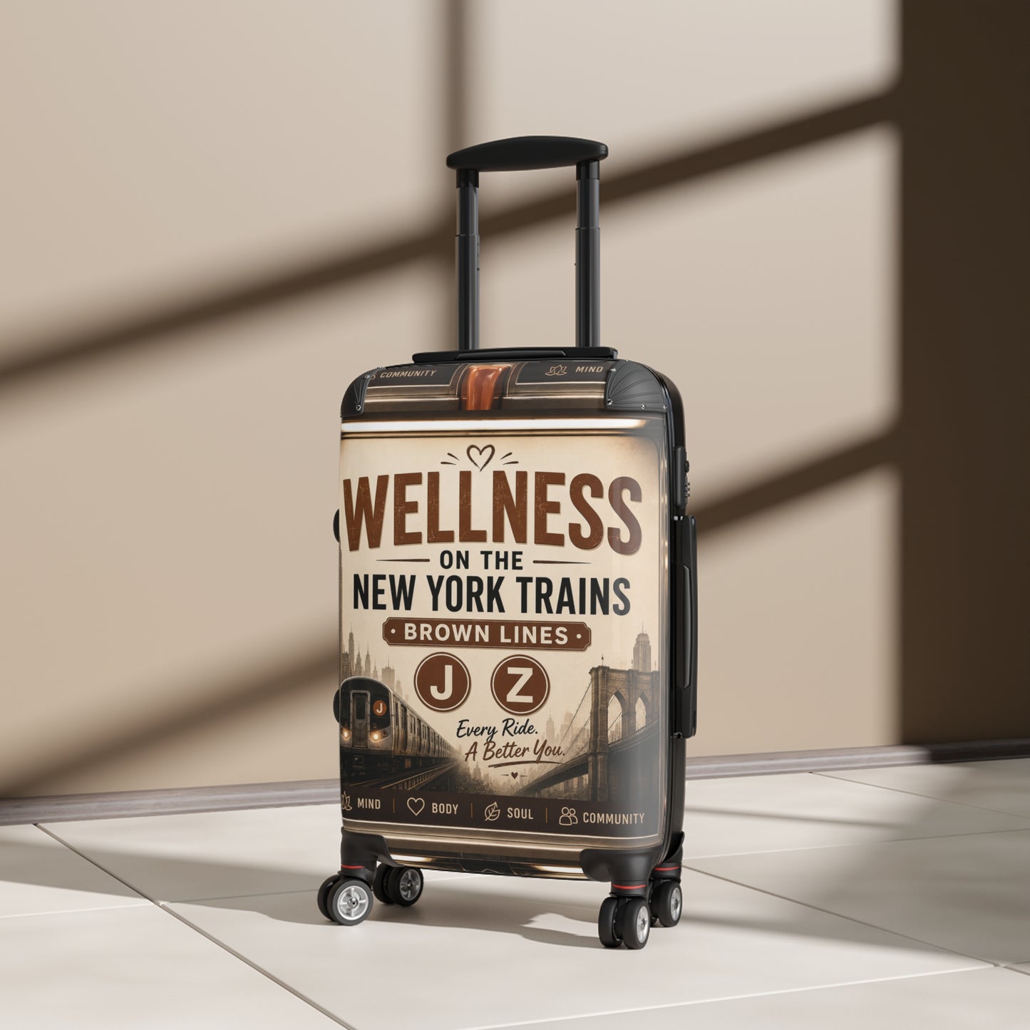 Wellness on the New York Trains Carry-On Suitcase — J/Z Brown Lines Vintage Subway Design