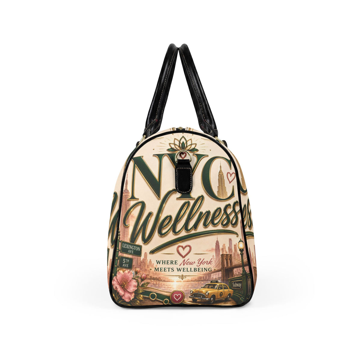 Wellness NYC Faux Leather Travel Bag — 'NYC Wellness' Printed Weekender Duffel