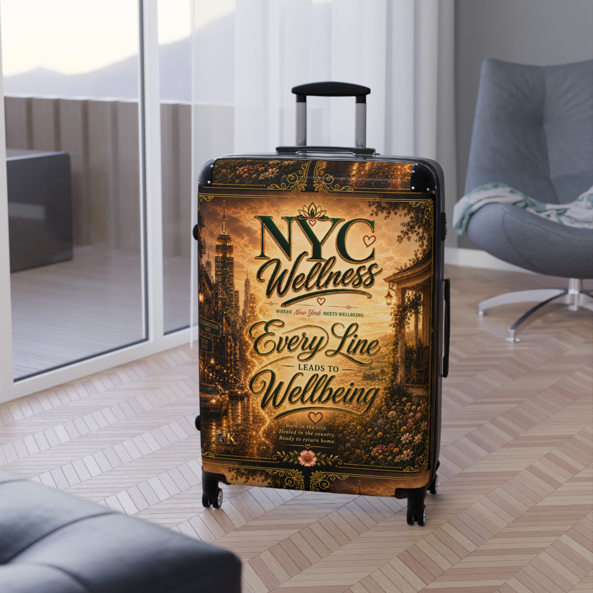 NYC Wellness Suitcase - Vintage Travel Luggage with "Every Line Leads to Wellbeing" Design