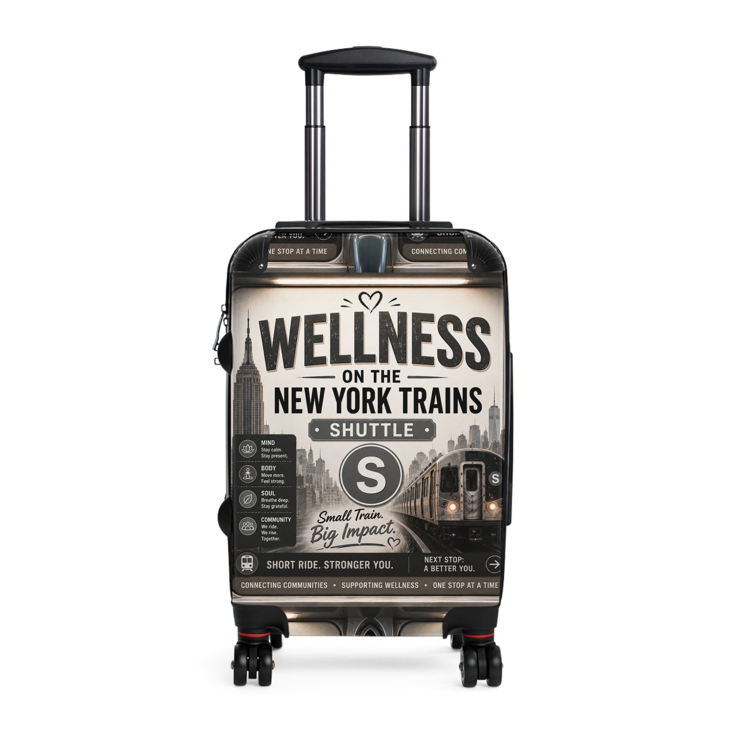 Wellness on the New York Trains Suitcase — Vintage Subway Poster Carry-On Shuttle Line