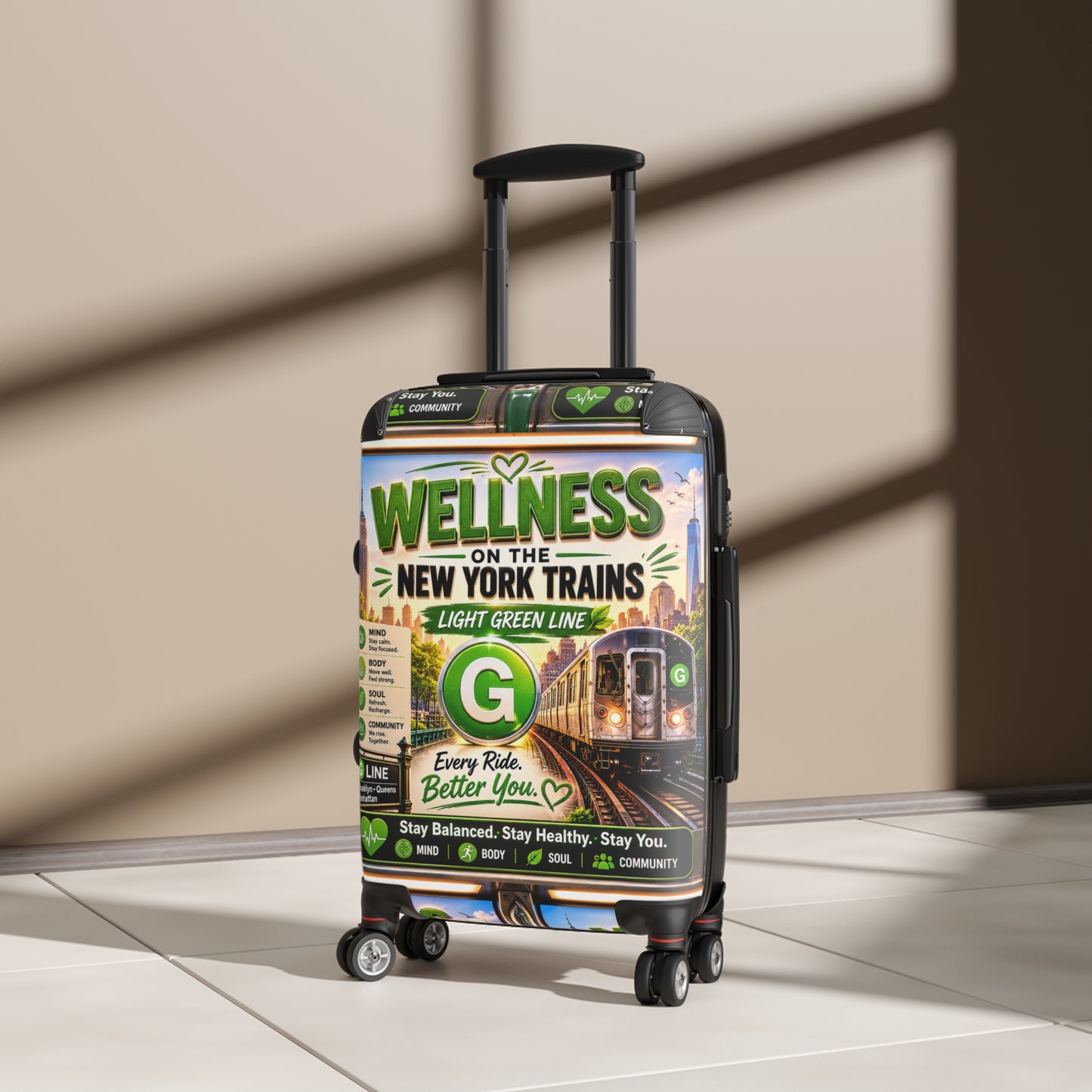 Wellness on the New York Trains Suitcase — Light Green Line Travel Carry-On