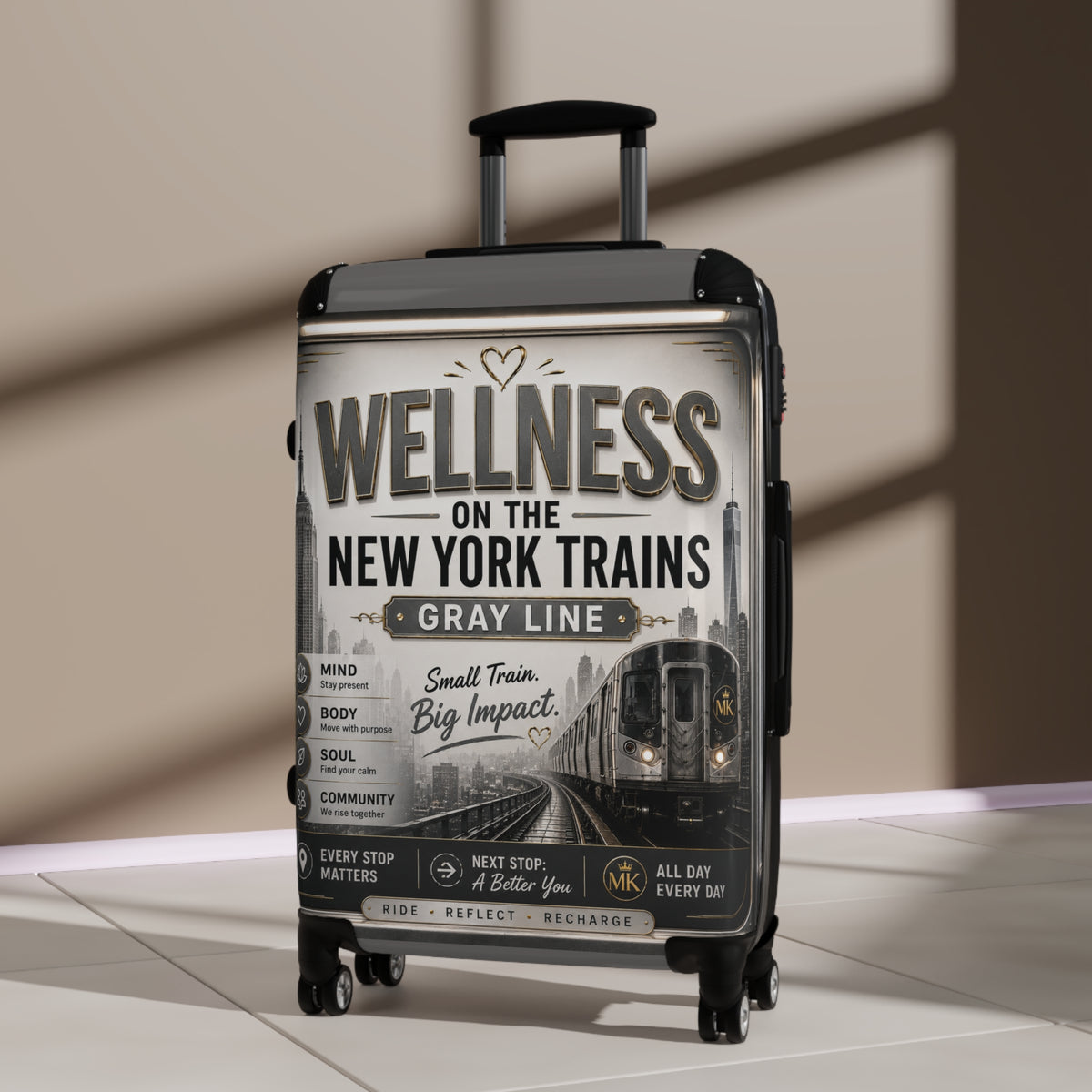 Wellness Train Suitcase – New York Trains Graphic Carry-On Gray Line