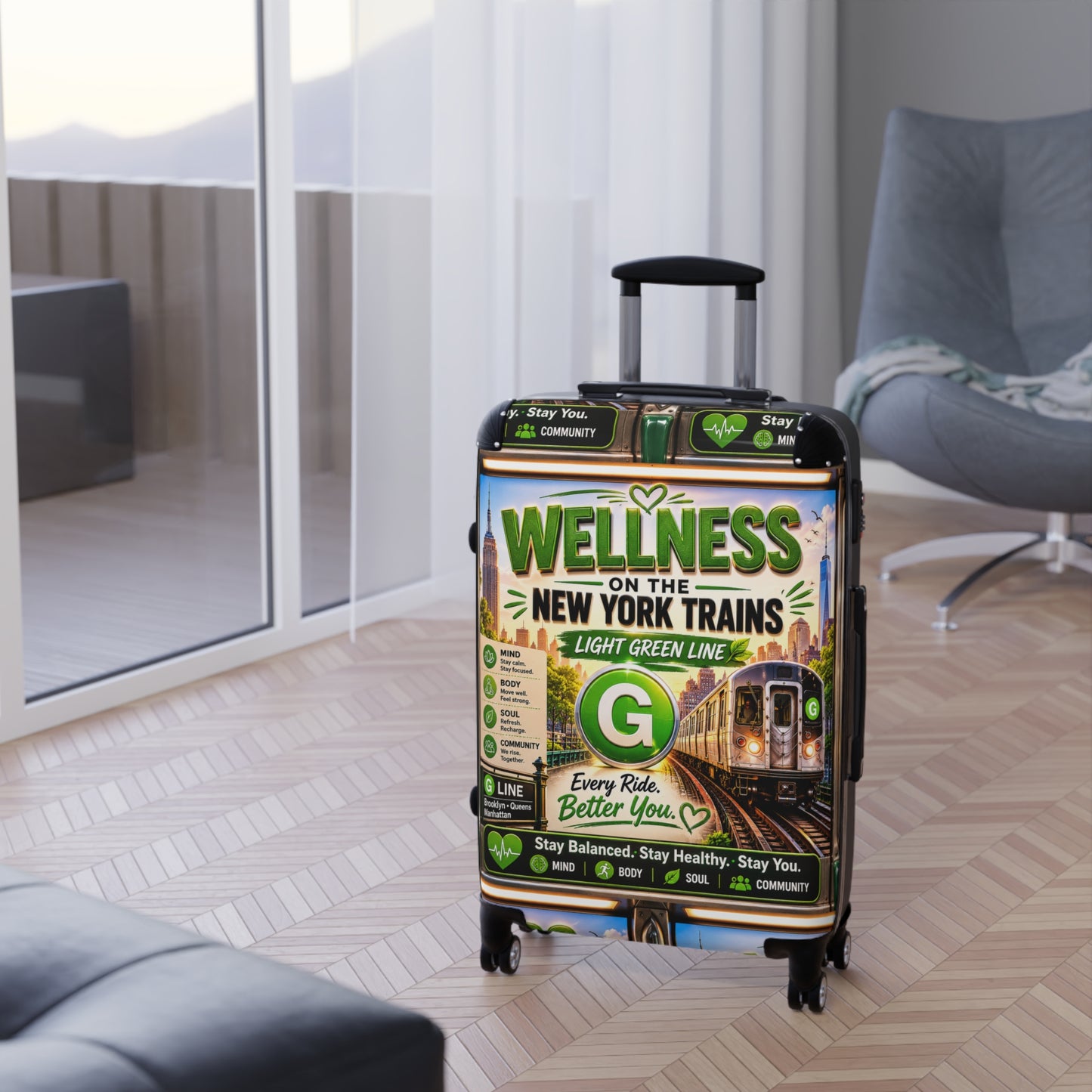 Wellness on the New York Trains Suitcase — Light Green Line Travel Carry-On