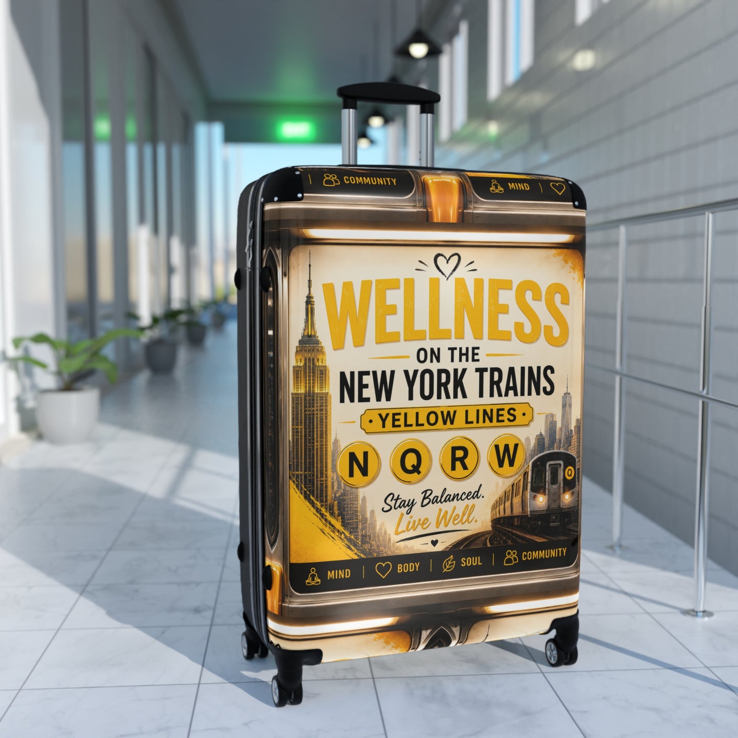 Wellness on the New York Trains Carry-On Suitcase — Yellow Lines NQRW Travel Luggage