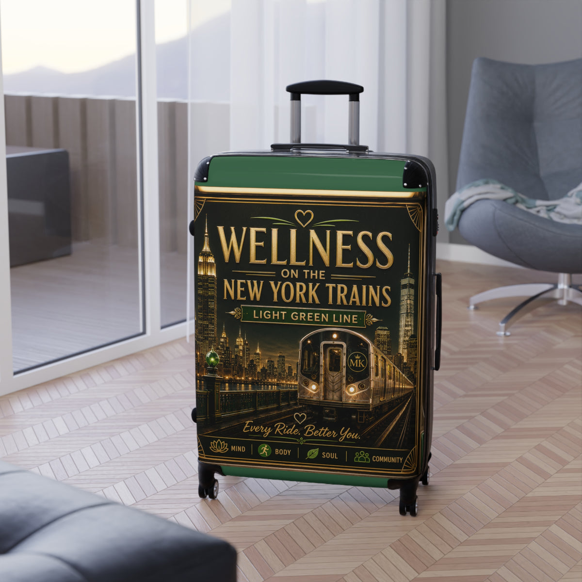 Wellness on the New York Trains Carry-On Suitcase — Light Green Line Travel Luggage