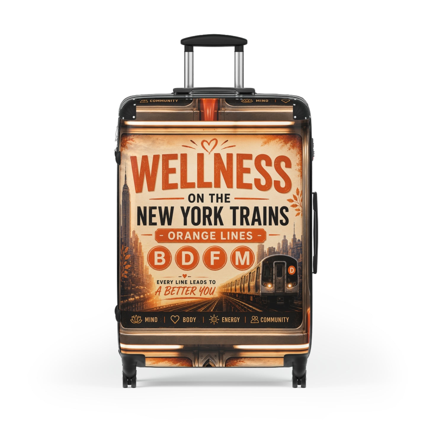 Wellness on the New York Trains Carry-On Suitcase — Vintage Subway Design (B D F M Orange Lines)