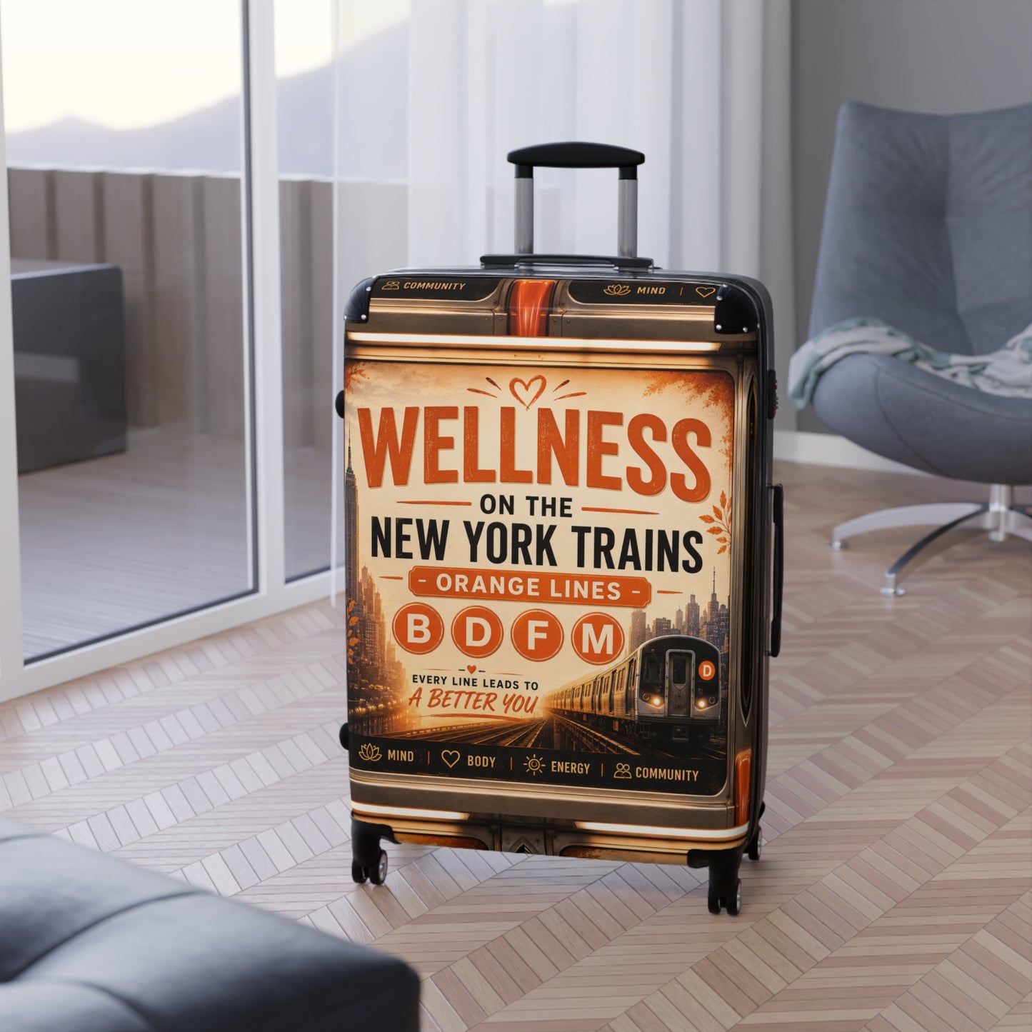 Wellness on the New York Trains Carry-On Suitcase — Vintage Subway Design (B D F M Orange Lines)