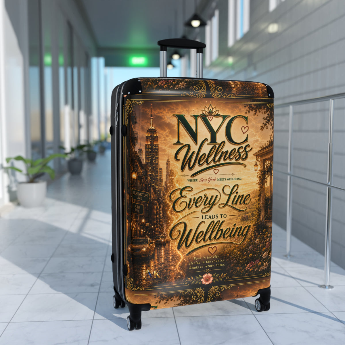 NYC Wellness Suitcase - Vintage Travel Luggage with "Every Line Leads to Wellbeing" Design