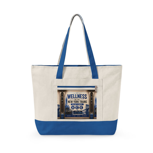 Wellness Market Zipper Tote - Canvas Zippered Tote Bag with 'Wellness New York Trains' Vintage Sign Design