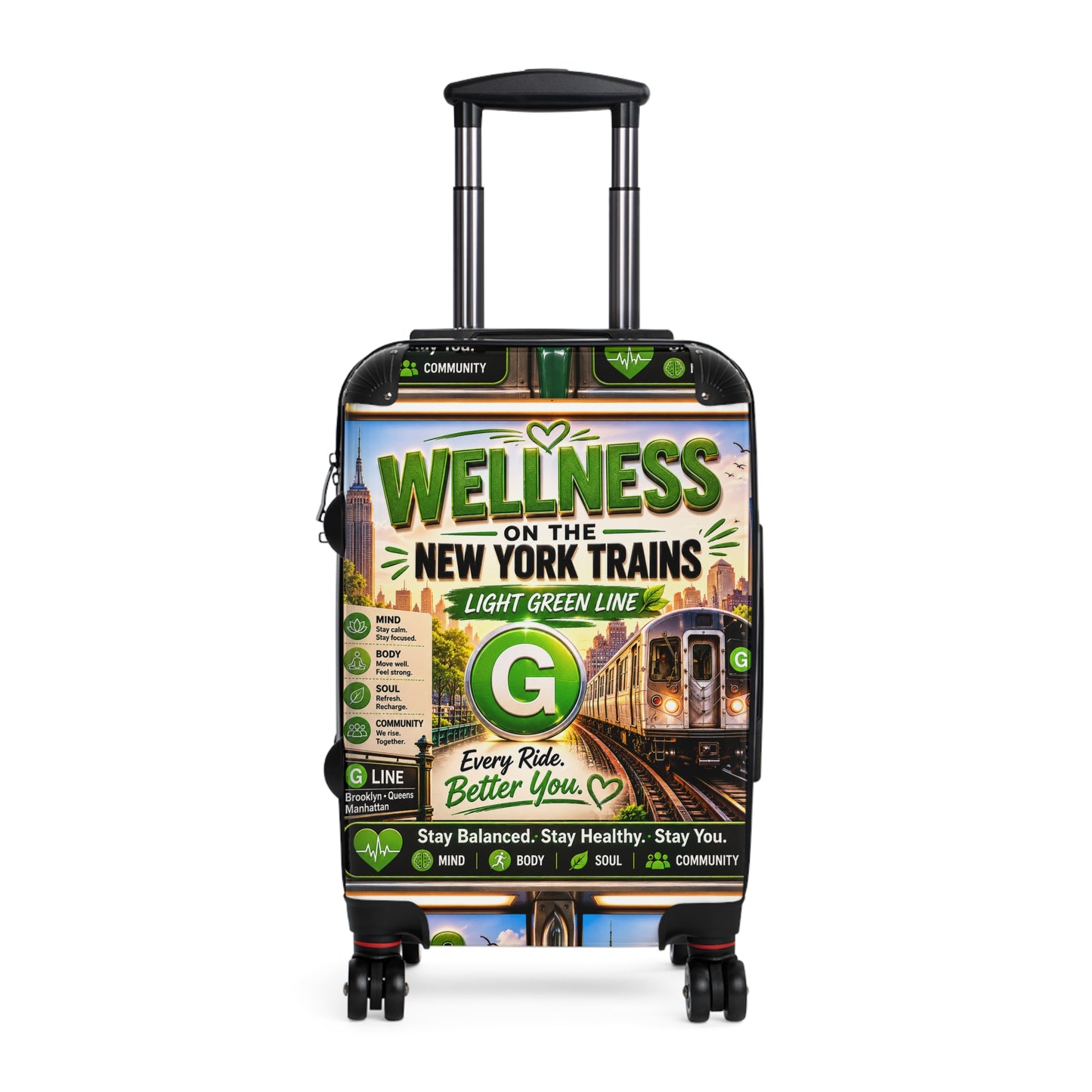 Wellness on the New York Trains Suitcase — Light Green Line Travel Carry-On