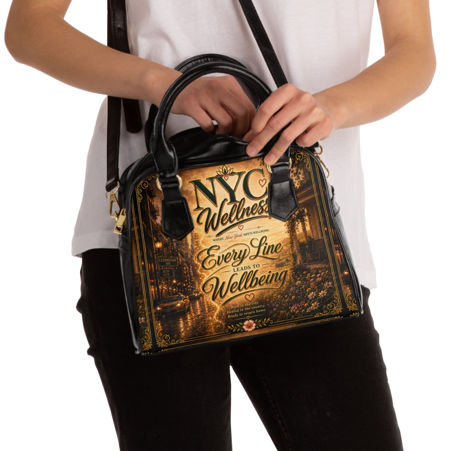 NYC Wellness Shoulder Handbag – Vintage Cityscape 'Every Line Leads to Wellbeing' Tote
