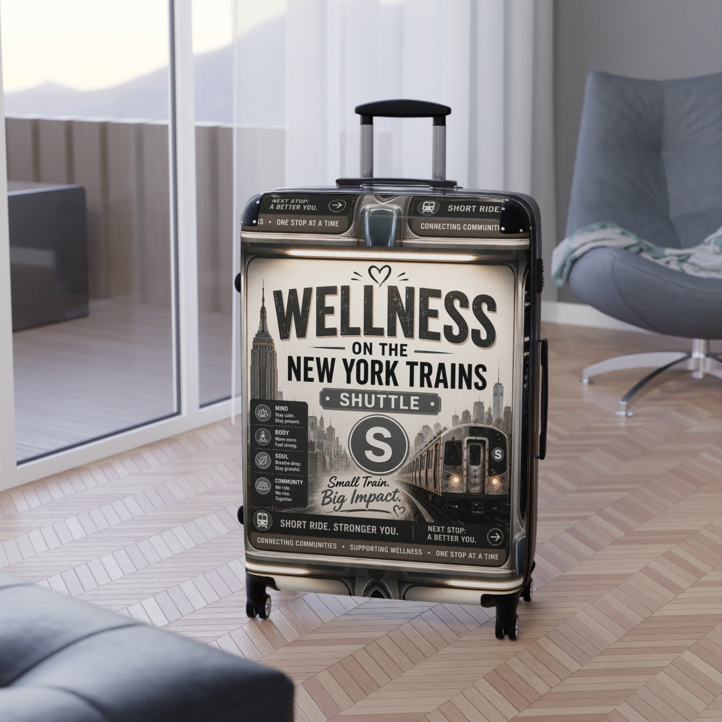 Wellness on the New York Trains Suitcase — Vintage Subway Poster Carry-On Shuttle Line