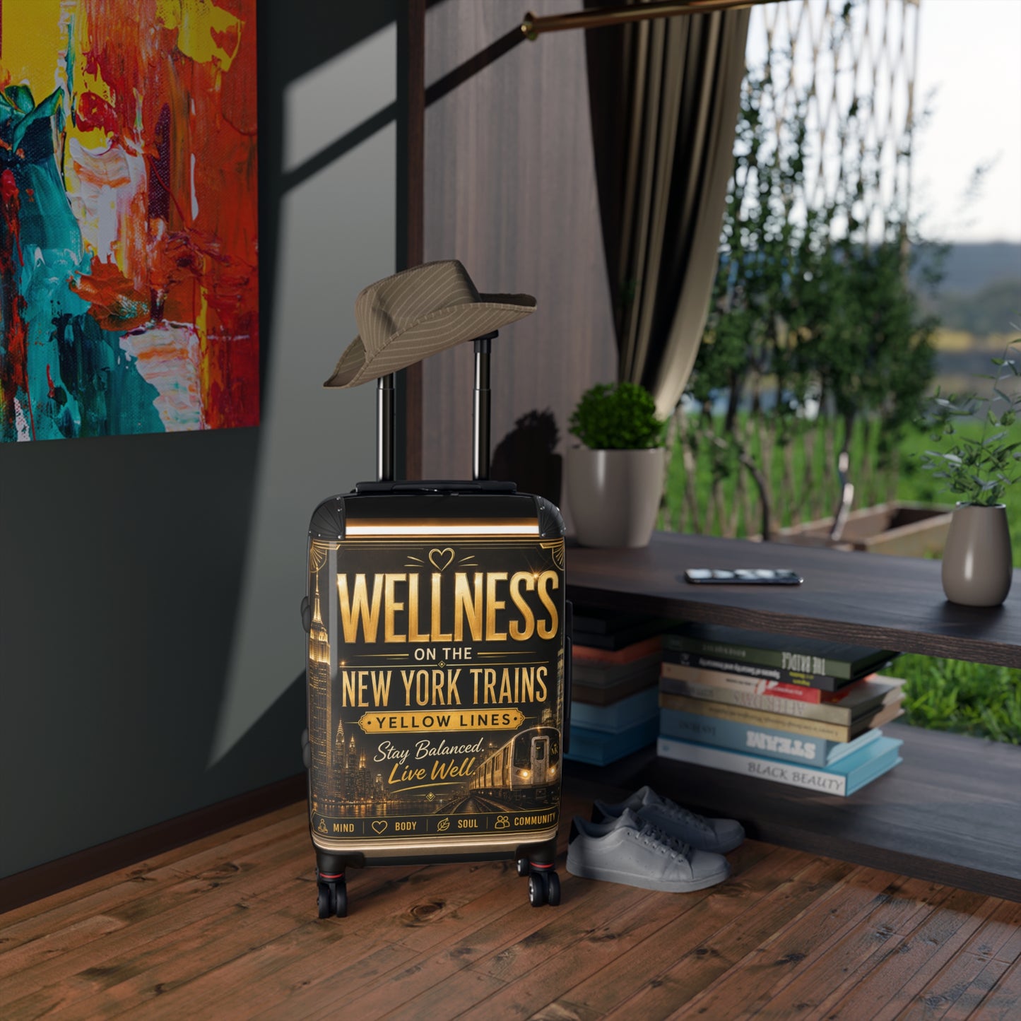 Wellness on the New York Trains Suitcase – Travel Carry-On with Motivational NYC Design Yellow Line