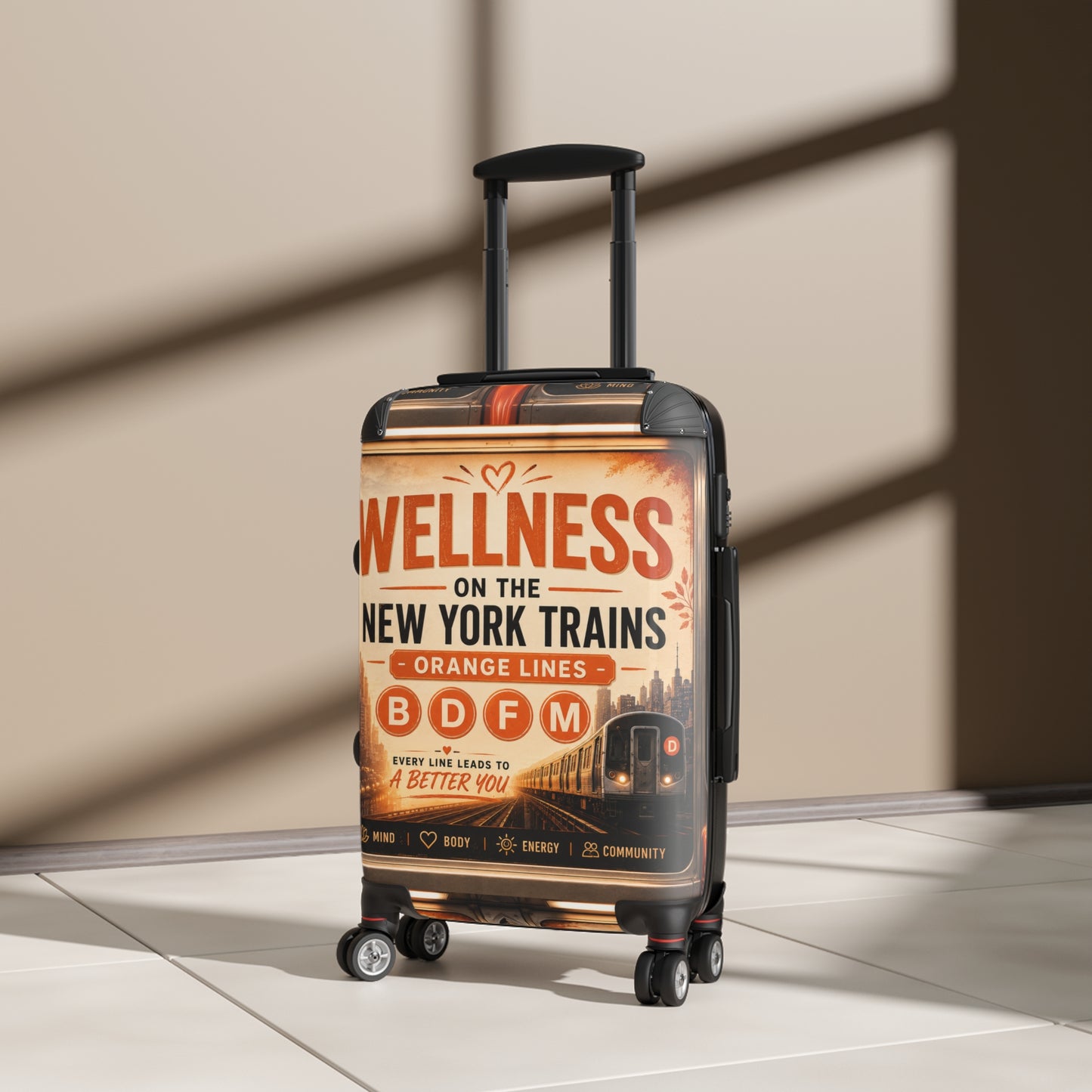 Wellness on the New York Trains Carry-On Suitcase — Vintage Subway Design (B D F M Orange Lines)