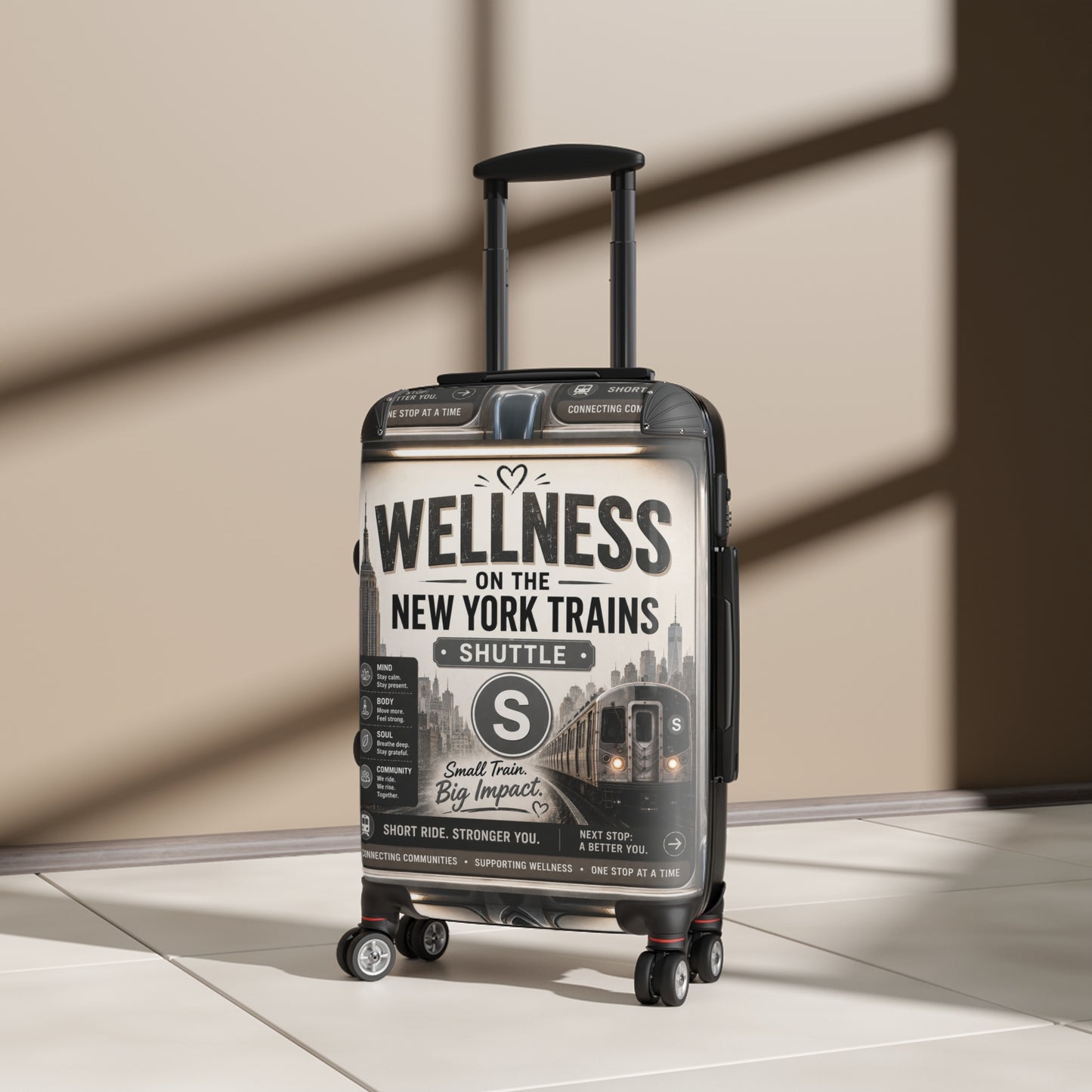 Wellness on the New York Trains Suitcase — Vintage Subway Poster Carry-On Shuttle Line