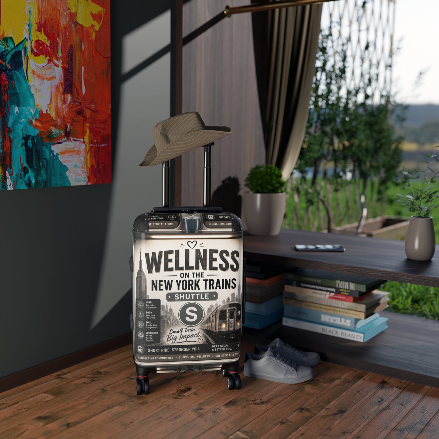 Wellness on the New York Trains Suitcase — Vintage Subway Poster Carry-On Shuttle Line