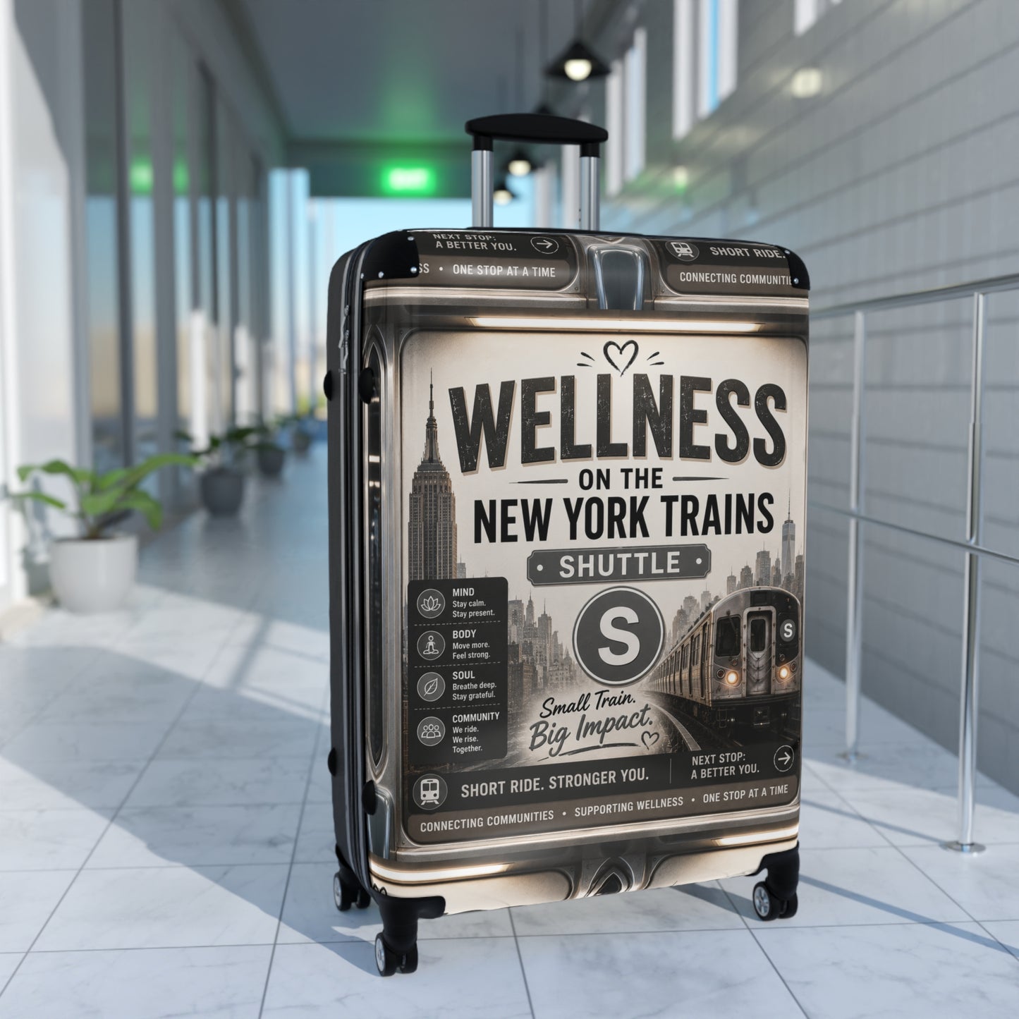 Wellness on the New York Trains Suitcase — Vintage Subway Poster Carry-On Shuttle Line