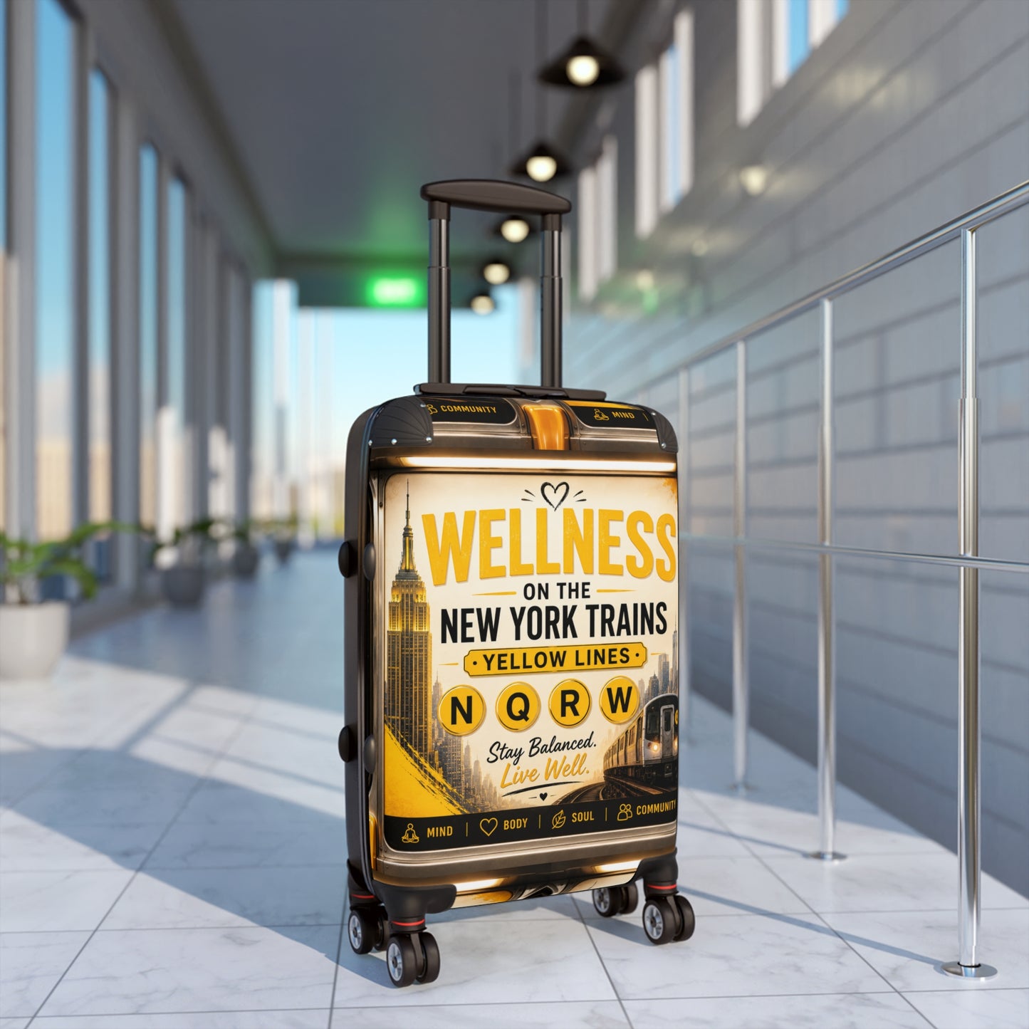 Wellness on the New York Trains Carry-On Suitcase — Yellow Lines NQRW Travel Luggage