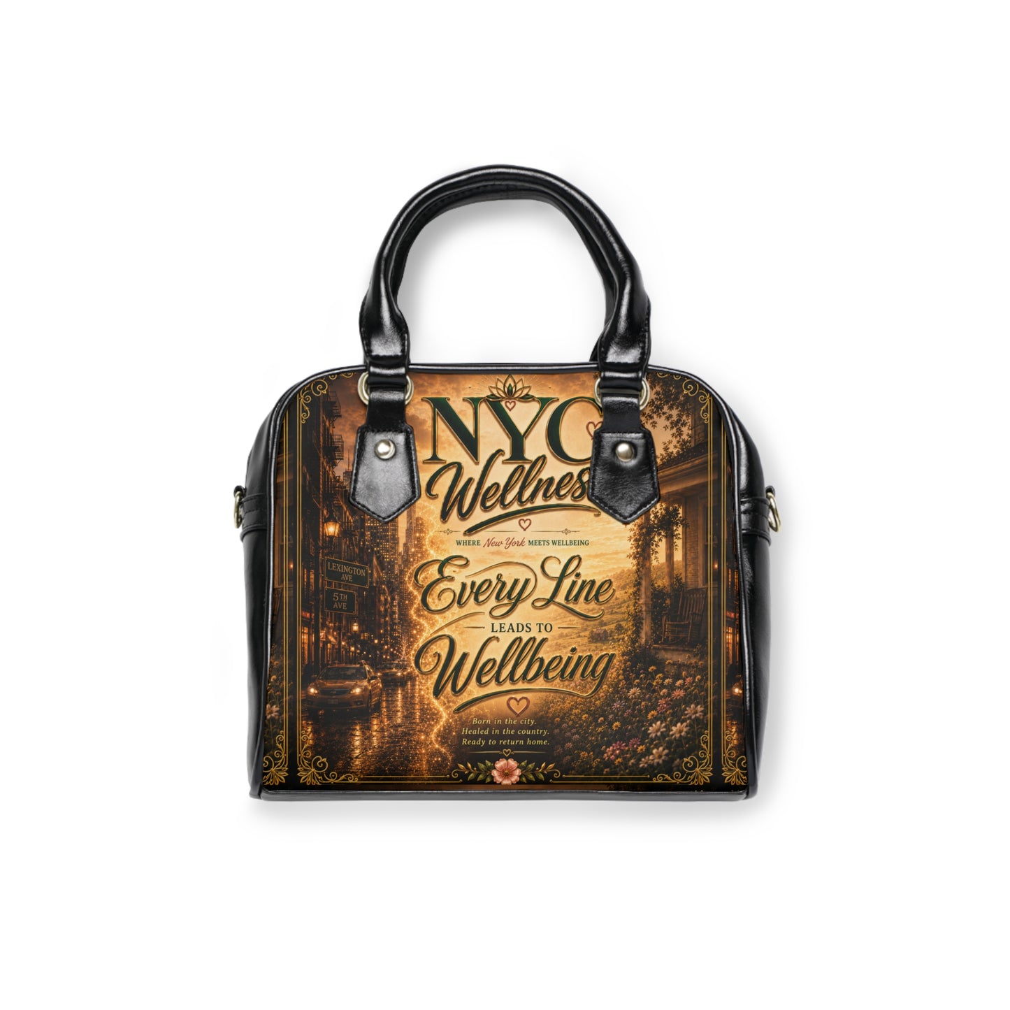 NYC Wellness Shoulder Handbag – Vintage Cityscape 'Every Line Leads to Wellbeing' Tote
