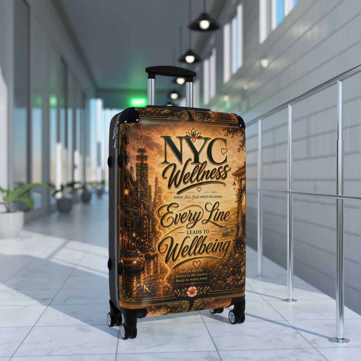 NYC Wellness Suitcase - Vintage Travel Luggage with "Every Line Leads to Wellbeing" Design