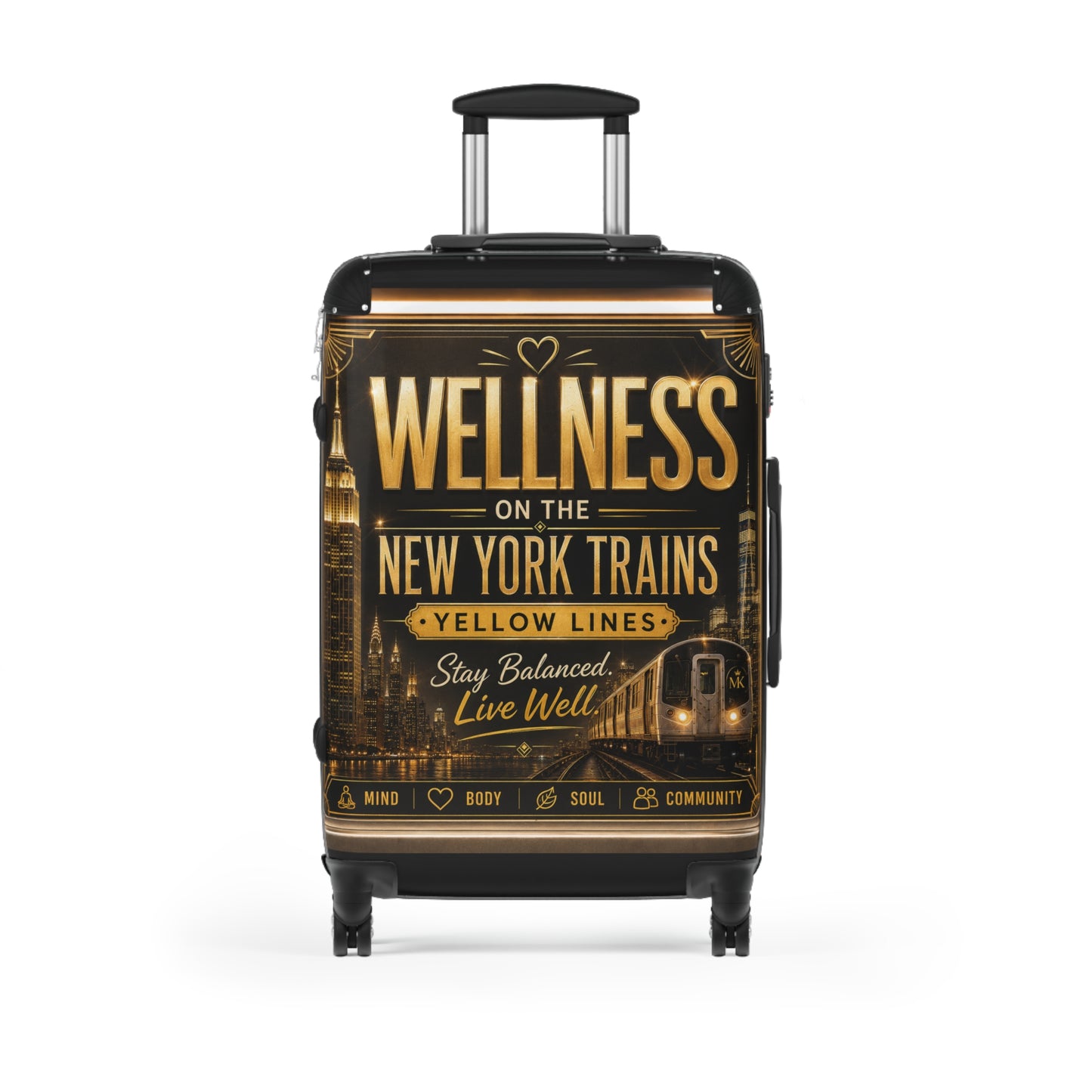 Wellness on the New York Trains Suitcase – Travel Carry-On with Motivational NYC Design Yellow Line