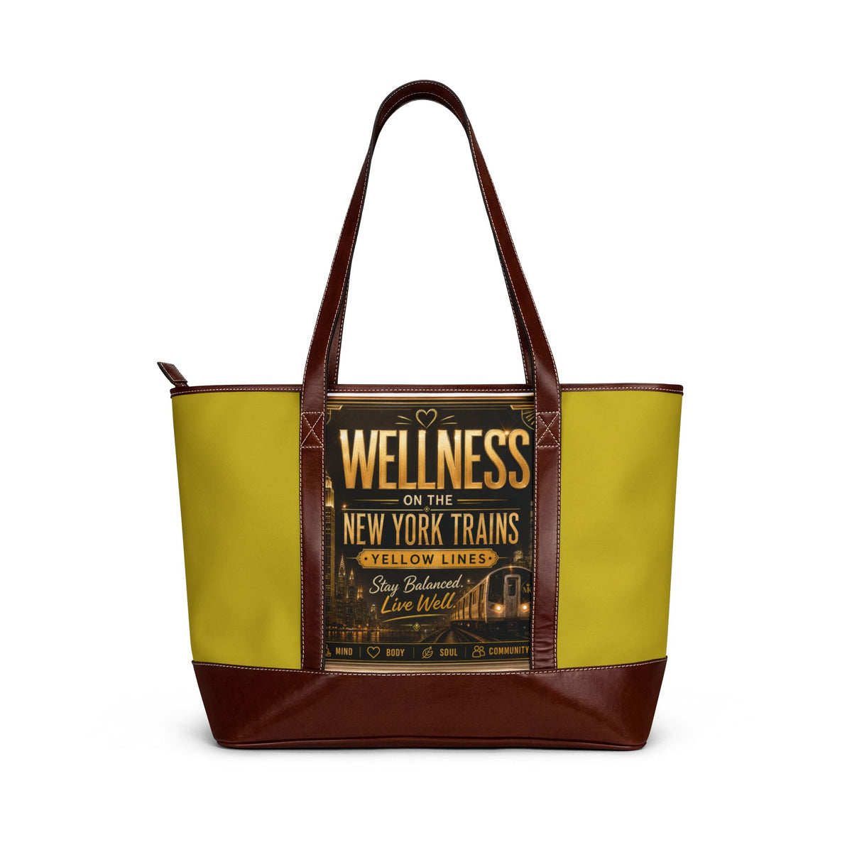 Wellness on the New York Trains Tote Handbag – Yellow Vintage Transit Graphic