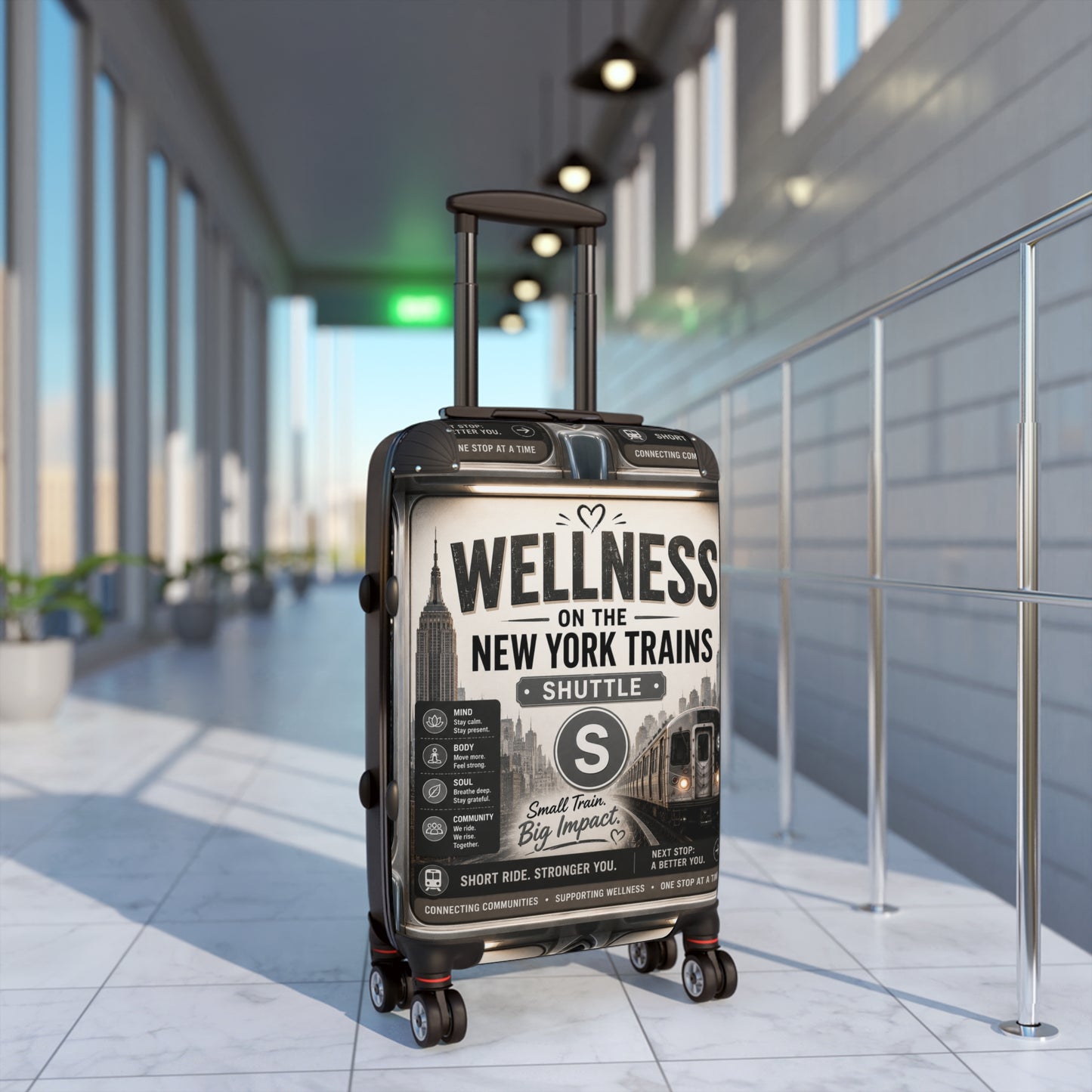 Wellness on the New York Trains Suitcase — Vintage Subway Poster Carry-On Shuttle Line