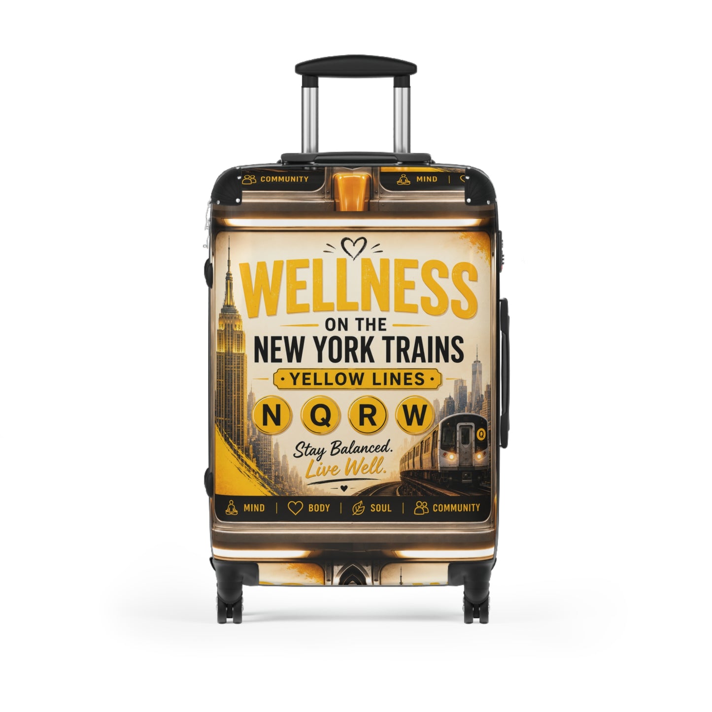 Wellness on the New York Trains Carry-On Suitcase — Yellow Lines NQRW Travel Luggage